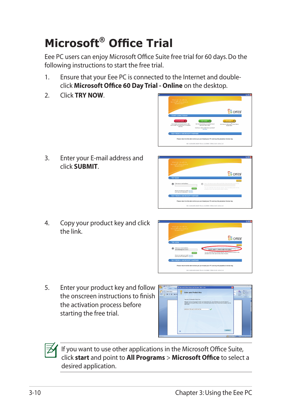 Microsoft® office trial, Microsoft, Office trial -10 | Office trial | Asus Eee PC 1201PN User Manual | Page 42 / 60