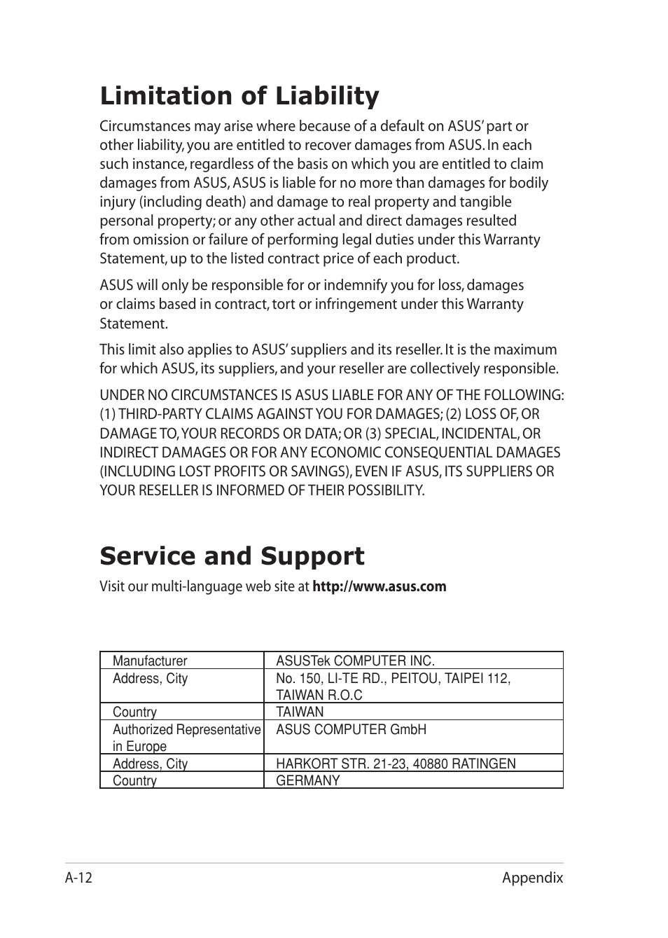 Limitation of liability, Service and support | Asus Eee PC 1201PN User Manual | Page 60 / 60