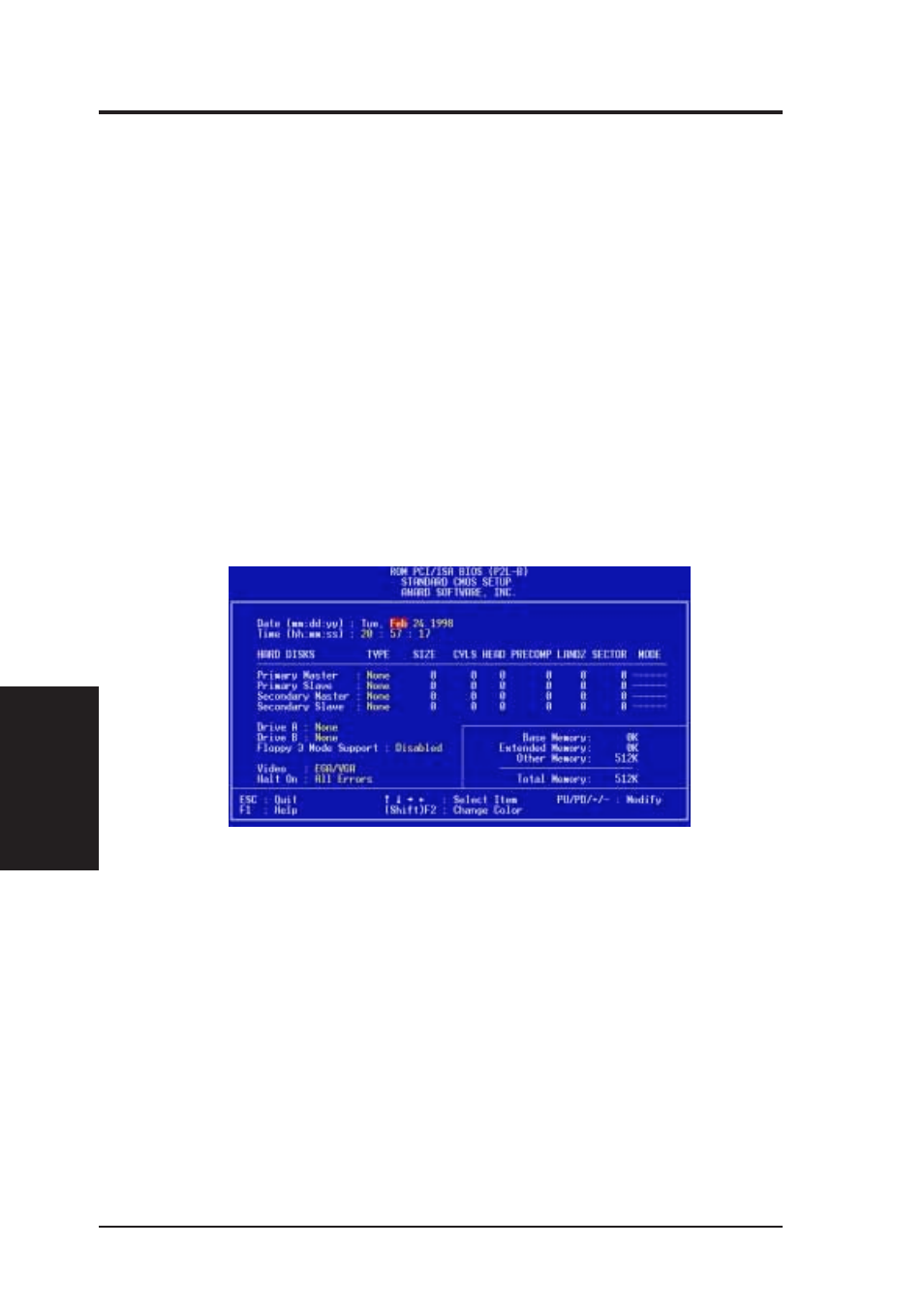 Iv. bios software, Standard cmos setup | Asus P2L-B User Manual | Page 38 / 64