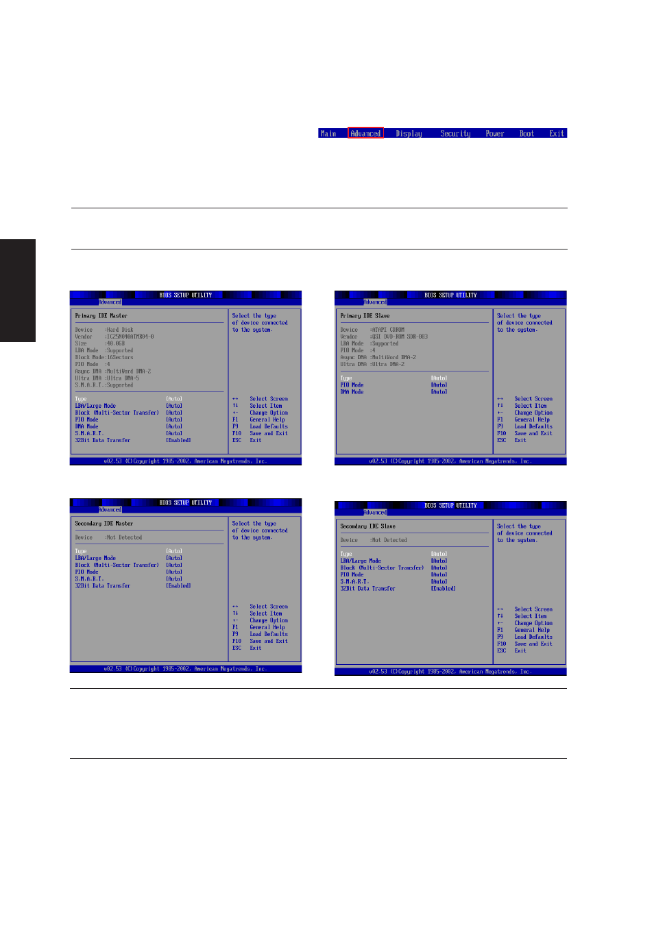 Advanced (sub-menu), Primary/secondary ide master/slave | Asus A2Dc User Manual | Page 105 / 120