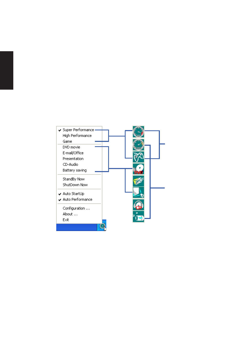 Using the task bar icon, Power4 gear+ modes and power segments | Asus A2Dc User Manual | Page 69 / 120