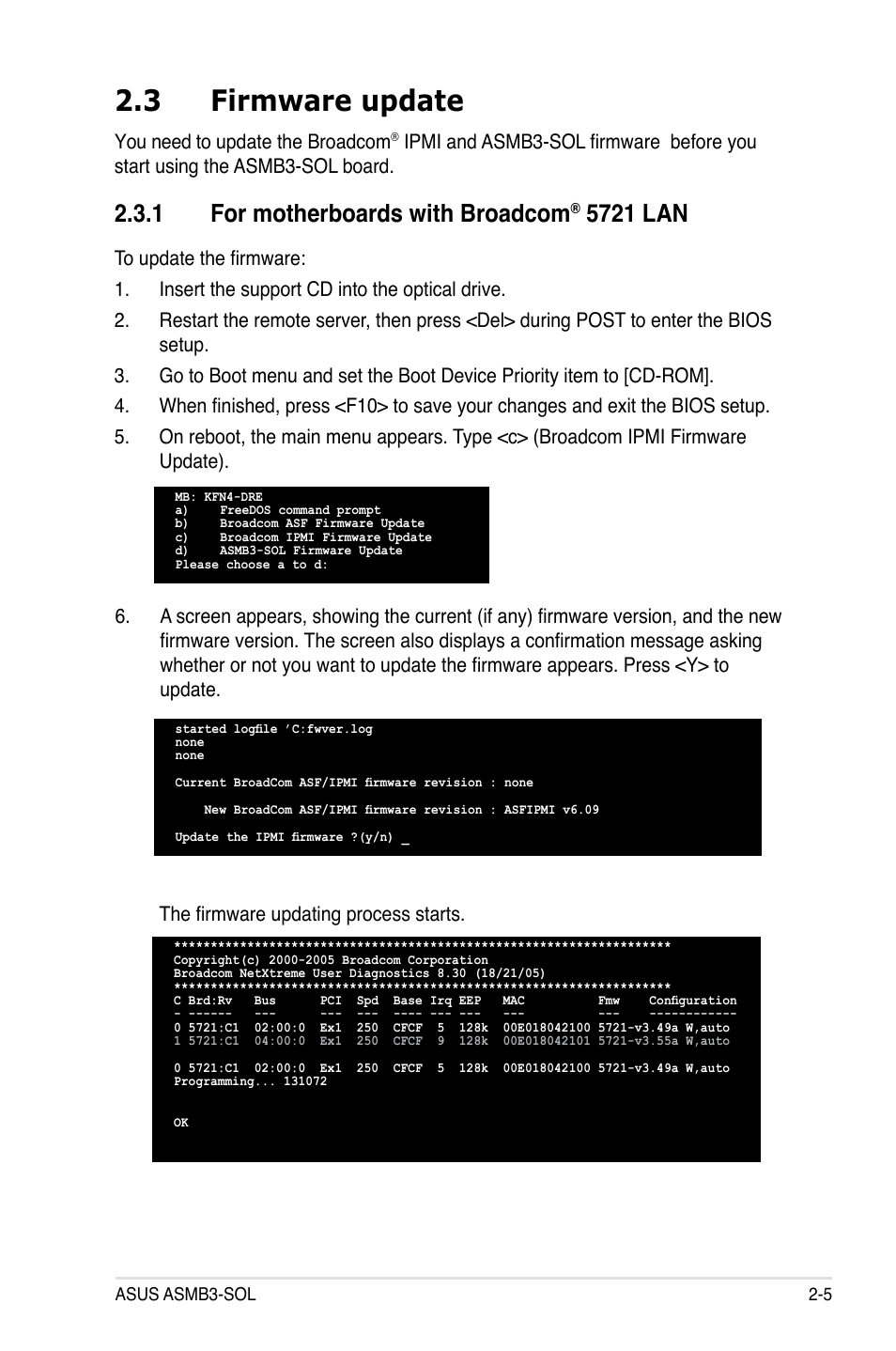 3 firmware update, 1 for motherboards with broadcom, 5721 lan | You need to update the broadcom, The firmware updating process starts | Asus ASMB3 User Manual | Page 19 / 62