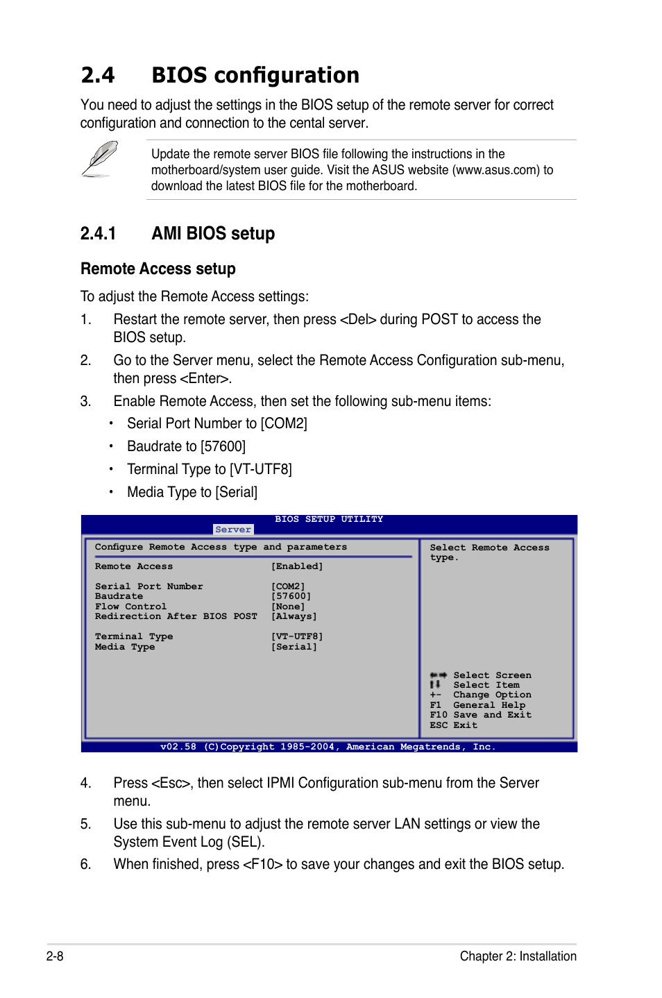 4 bios configuration, 1 ami bios setup, Remote access setup | Asus ASMB3 User Manual | Page 22 / 62