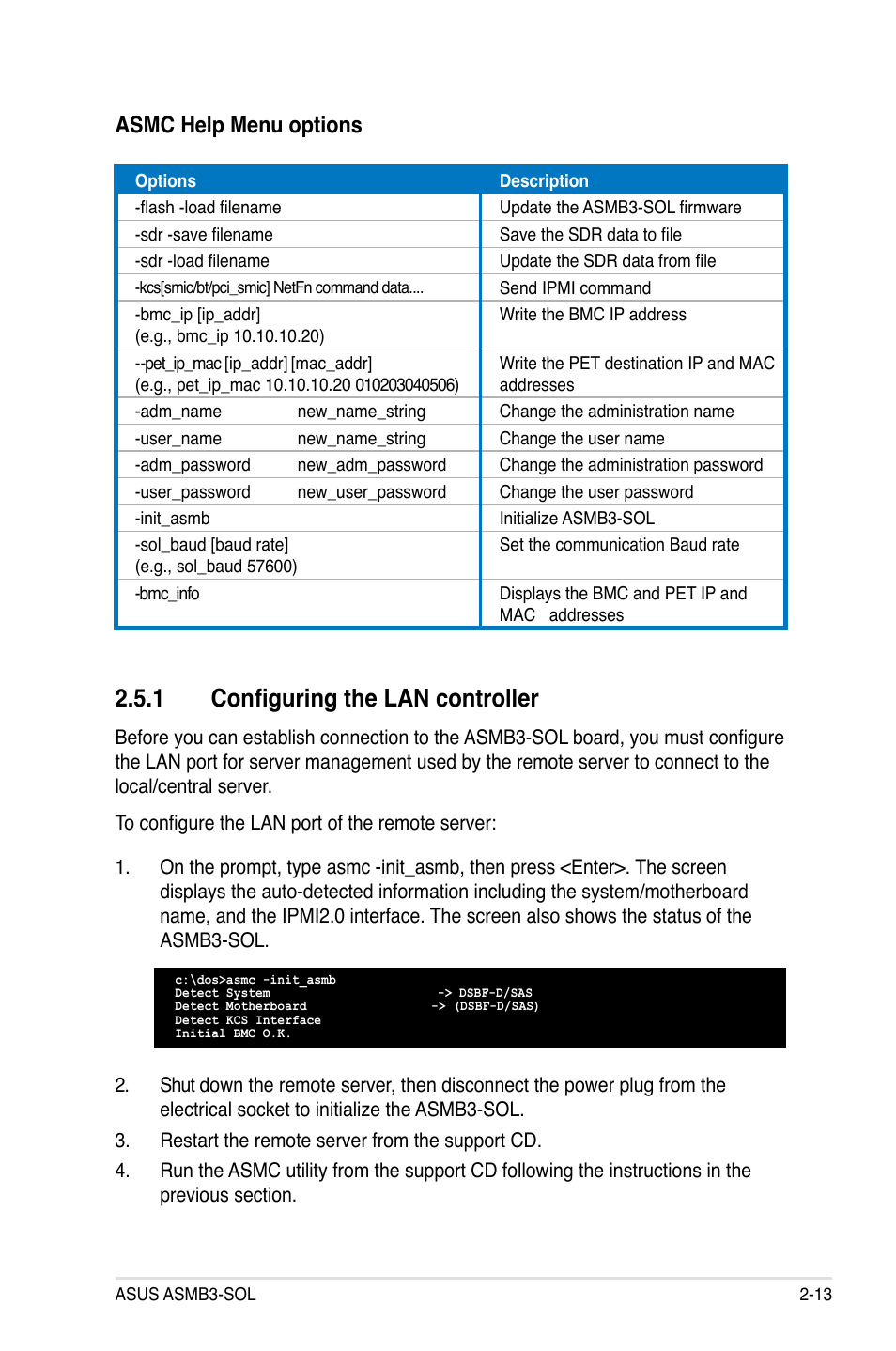 1 configuring the lan controller, Asmc help menu options | Asus ASMB3 User Manual | Page 27 / 62