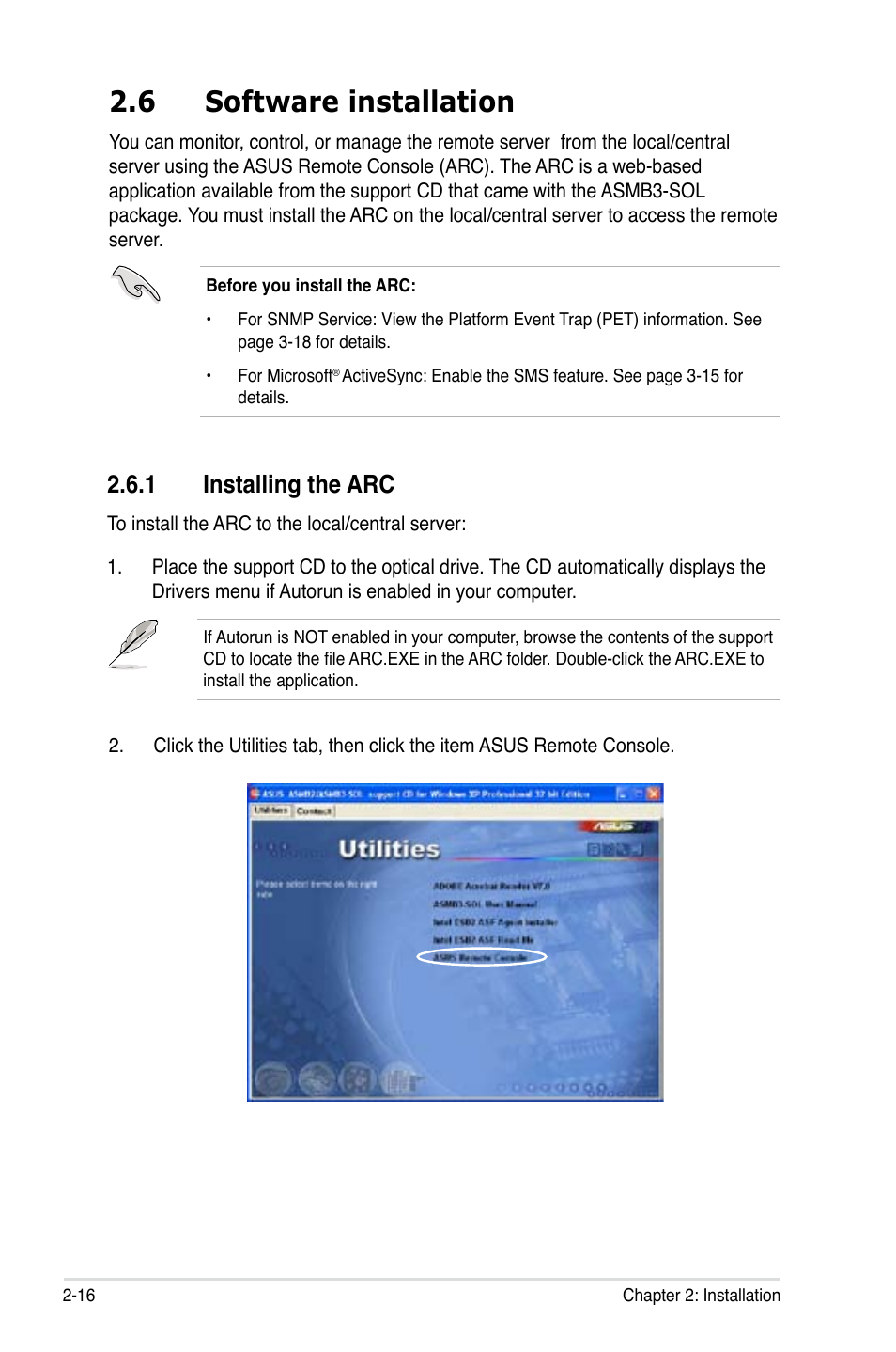 6 software installation, 1 installing the arc | Asus ASMB3 User Manual | Page 30 / 62