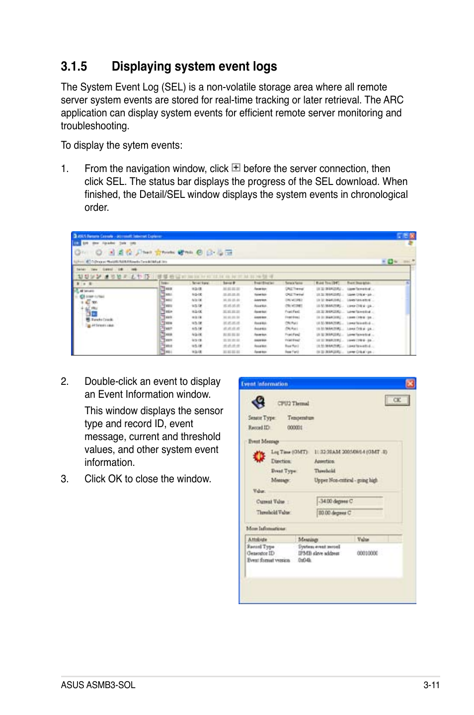 5 displaying system event logs | Asus ASMB3 User Manual | Page 43 / 62