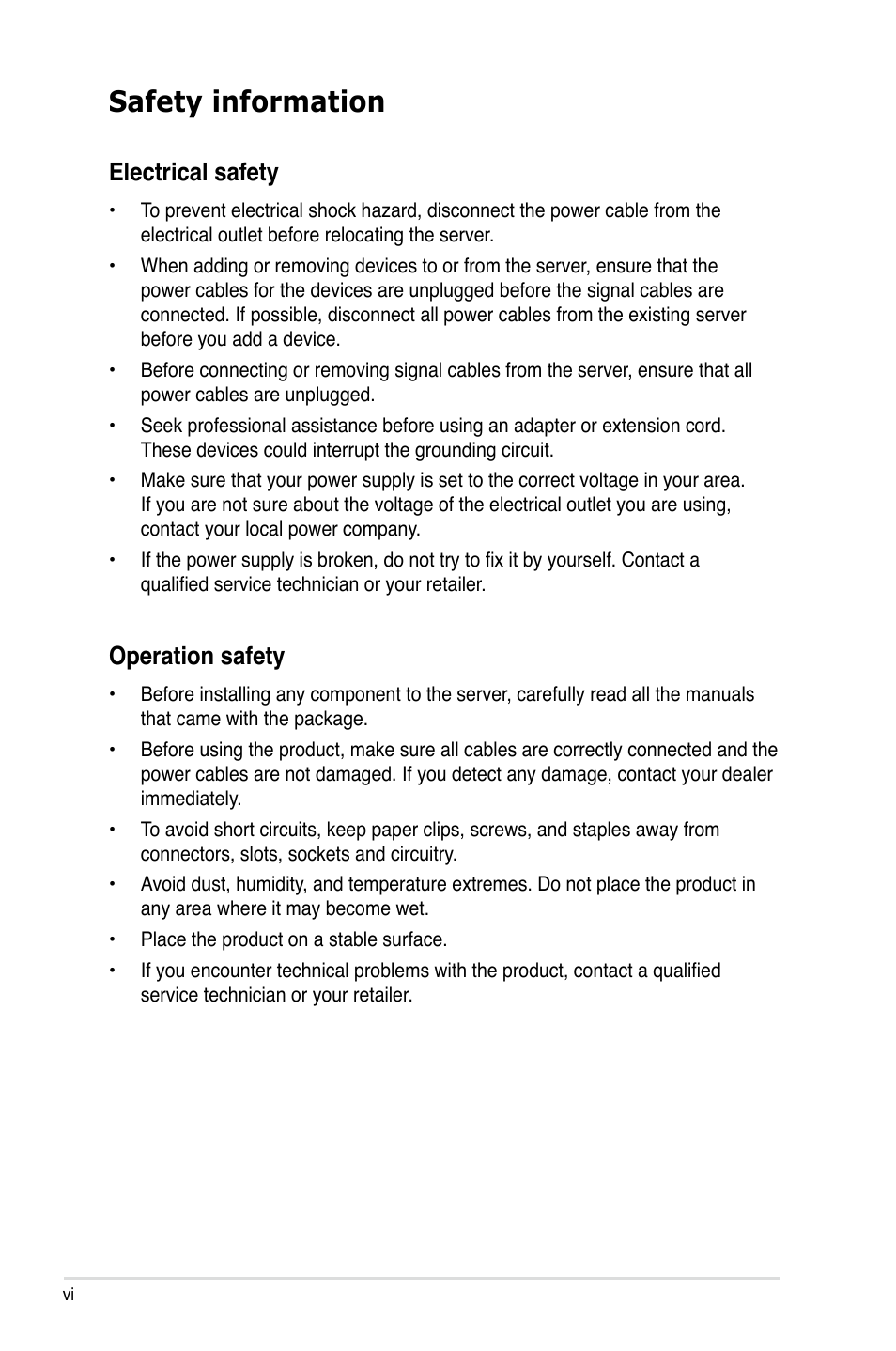 Safety information, Electrical safety, Operation safety | Asus ASMB3 User Manual | Page 6 / 62