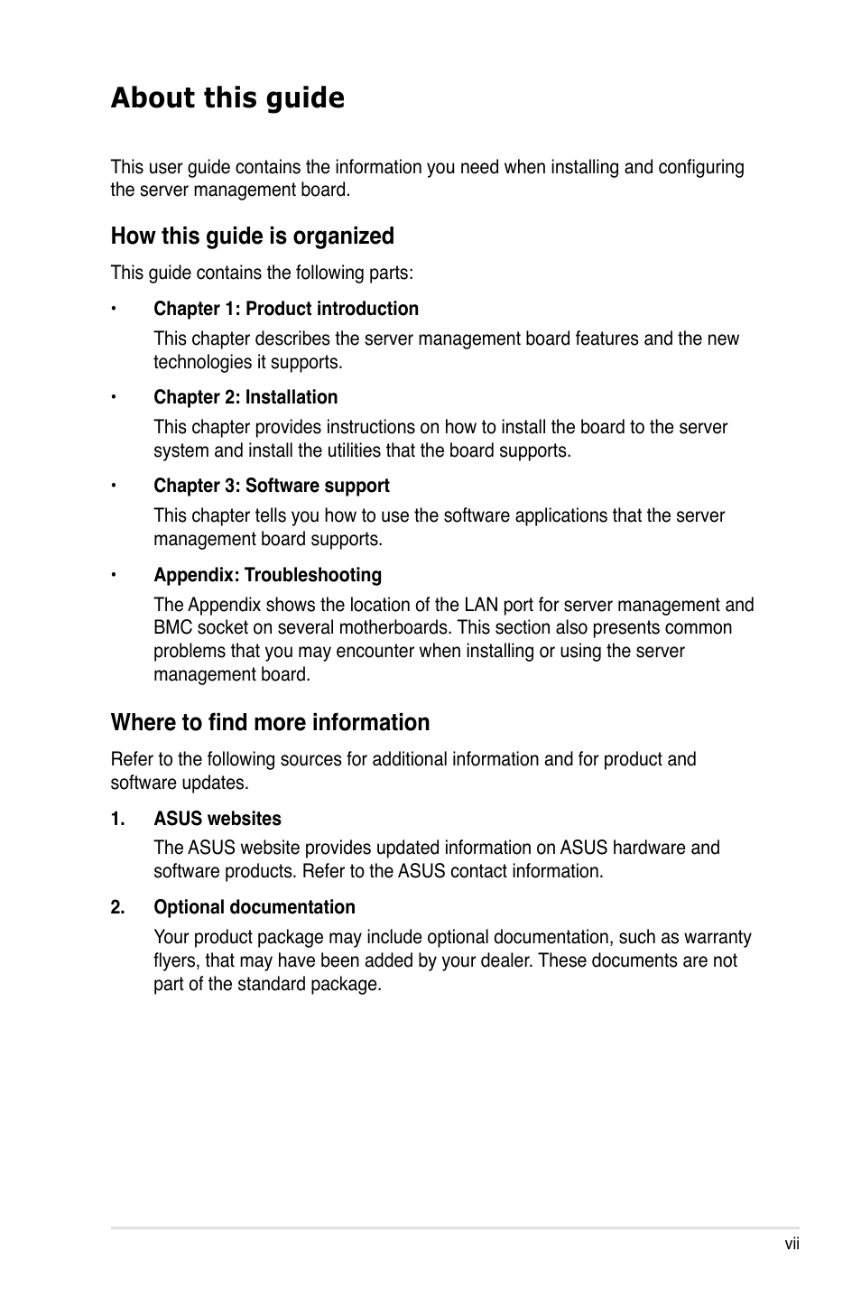 About this guide, How this guide is organized, Where to find more information | Asus ASMB3 User Manual | Page 7 / 62