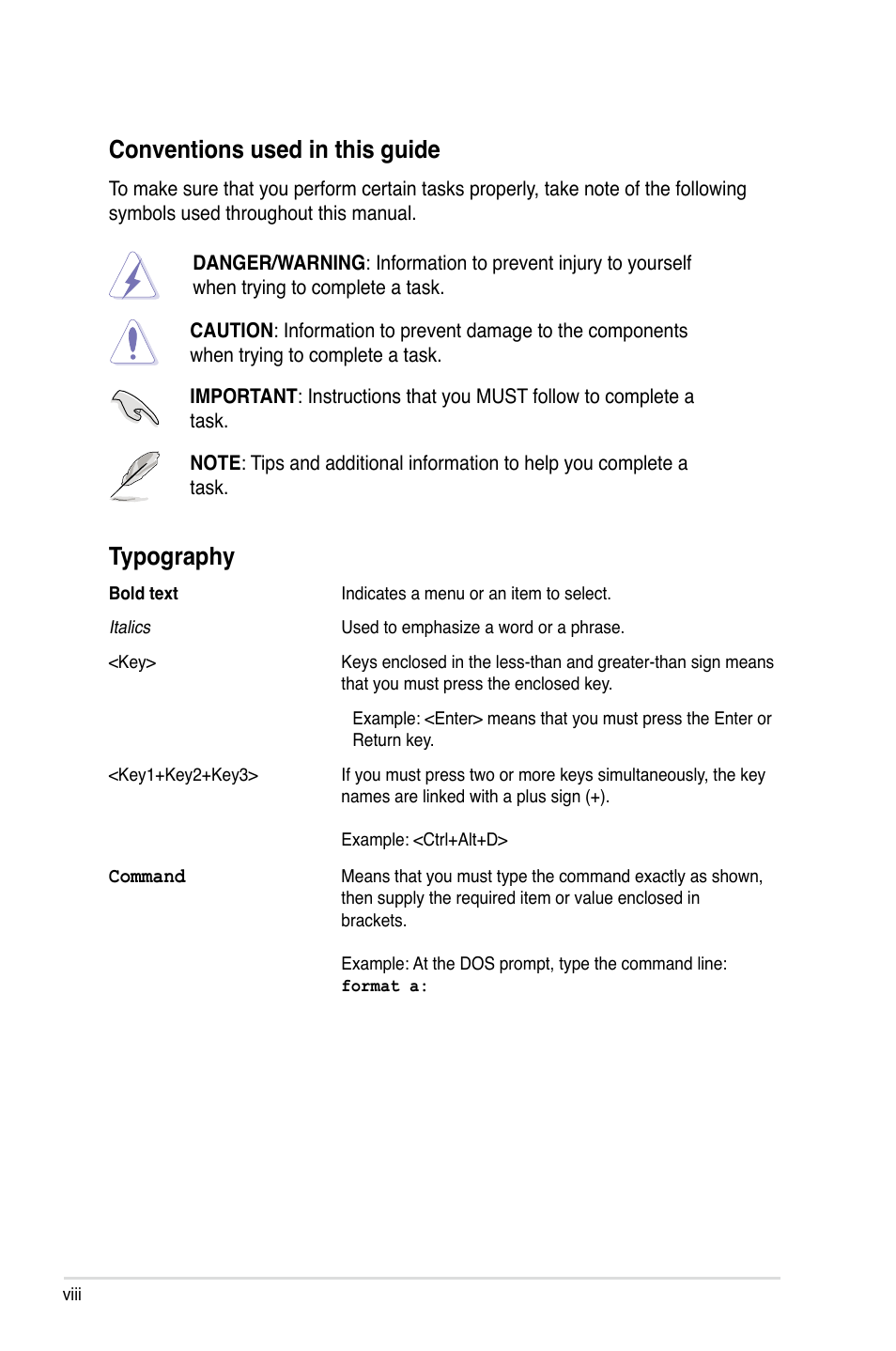 Typography, Conventions used in this guide | Asus ASMB3 User Manual | Page 8 / 62