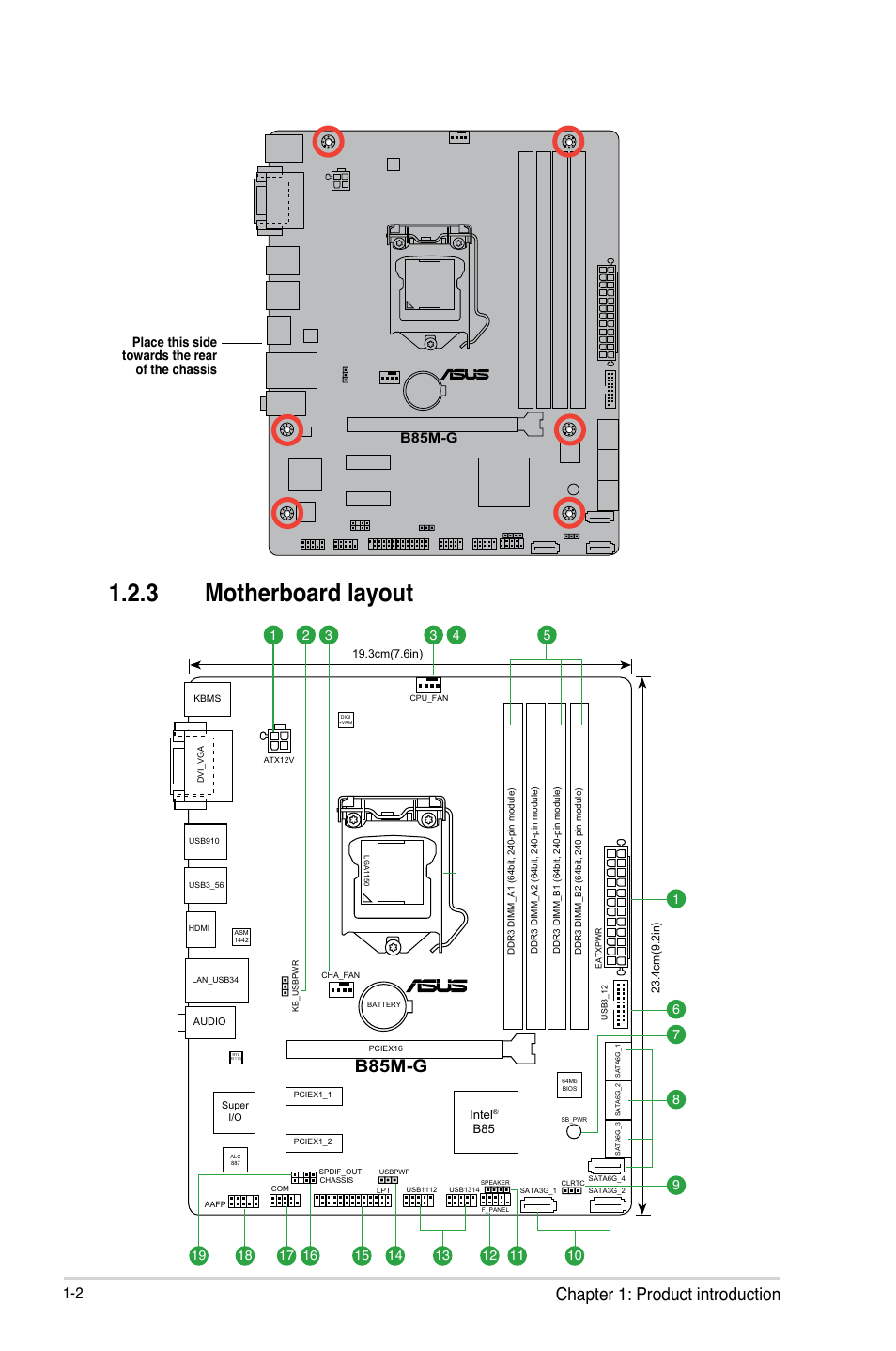 3 motherboard layout, Chapter 1: product introduction, B85m-g | Asus B85M-G User Manual | Page 10 / 75