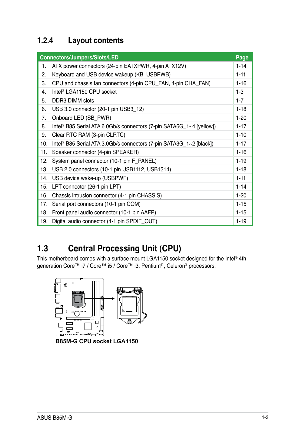 3 central processing unit (cpu), Central processing unit (cpu) -3, 4 layout contents | Asus B85M-G User Manual | Page 11 / 75