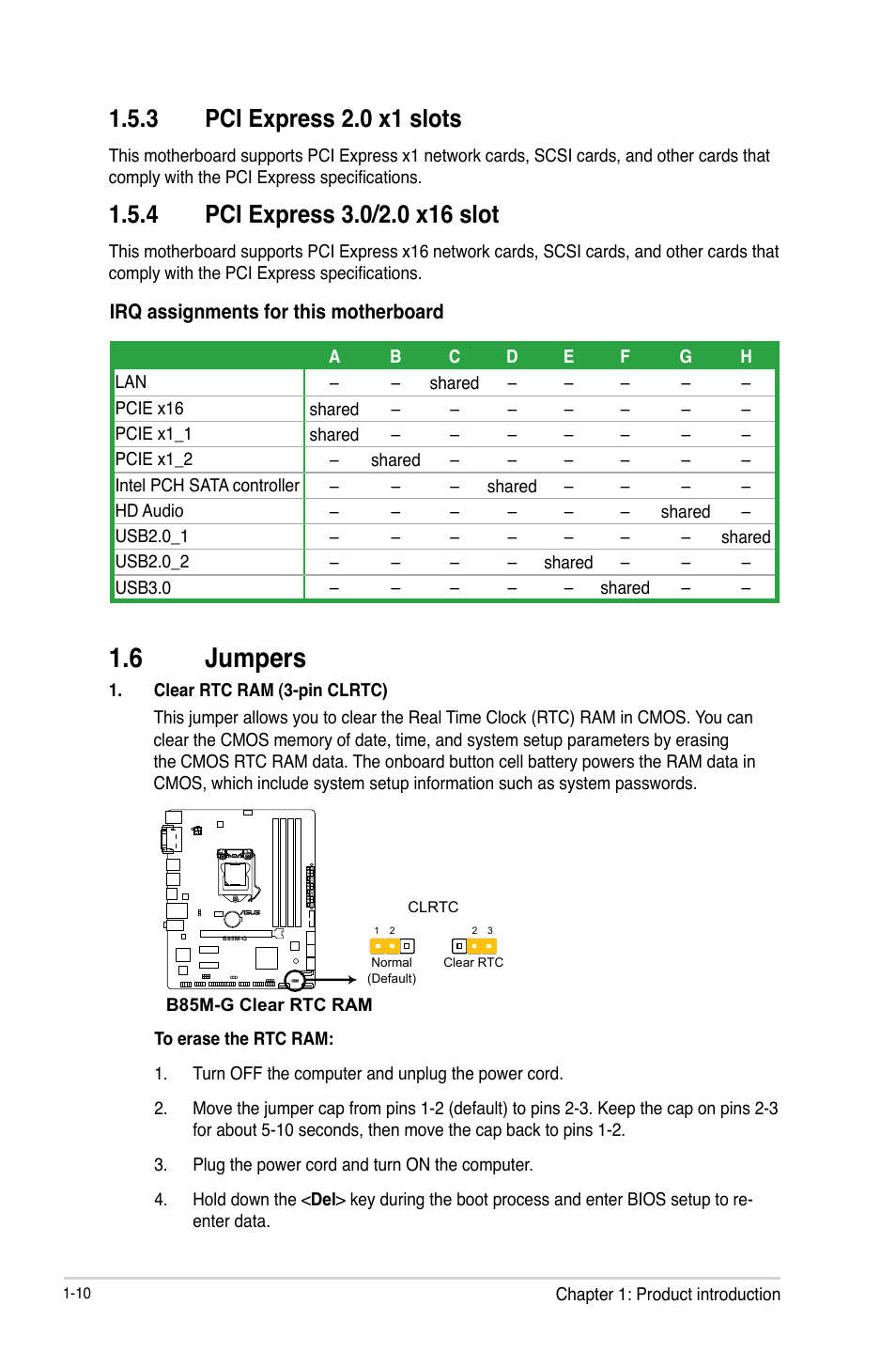 6 jumpers, Jumpers -10, 3 pci express 2.0 x1 slots | Asus B85M-G User Manual | Page 18 / 75