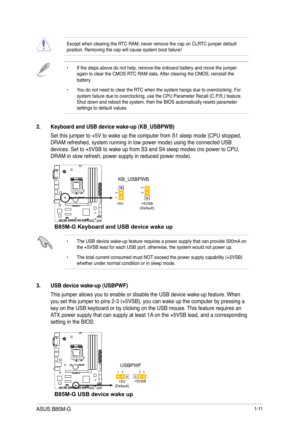 Asus b85m-g, B85m-g keyboard and usb device wake up, B85m-g usb device wake up | Asus B85M-G User Manual | Page 19 / 75