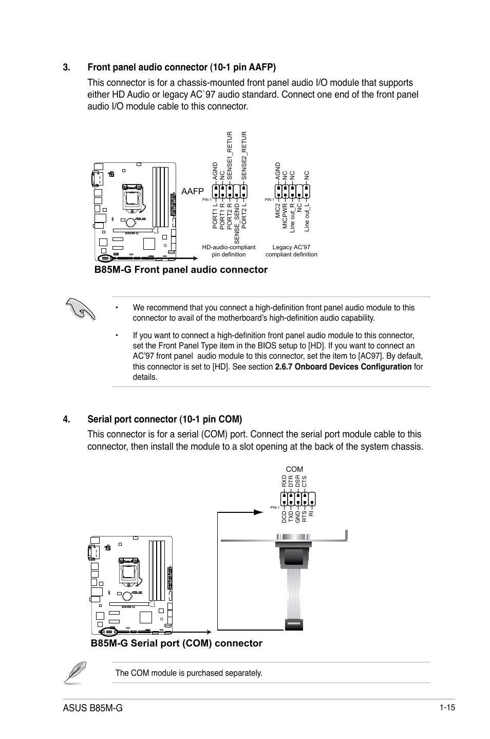 Asus b85m-g, B85m-g front panel audio connector, B85m-g serial port (com) connector | Asus B85M-G User Manual | Page 23 / 75