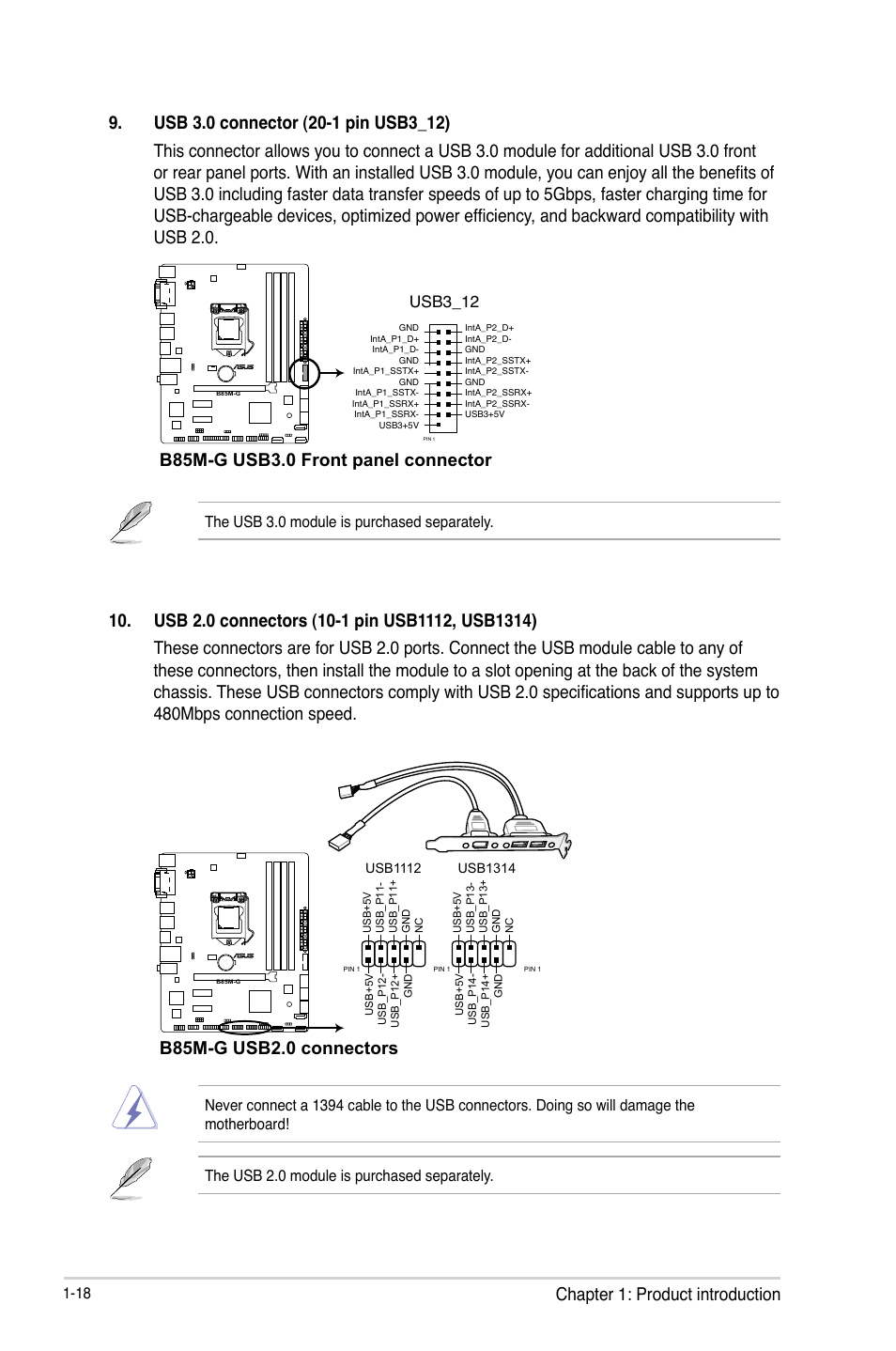 B85m-g usb3.0 front panel connector, B85m-g usb2.0 connectors, Usb3_12 | The usb 3.0 module is purchased separately | Asus B85M-G User Manual | Page 26 / 75