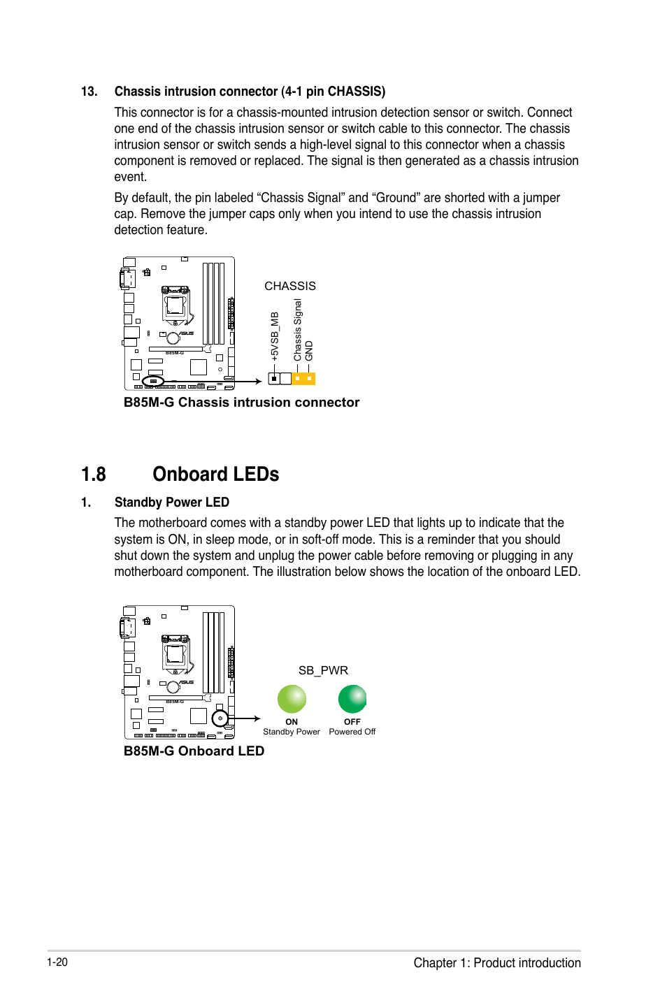 8 onboard leds, Onboard leds -20 | Asus B85M-G User Manual | Page 28 / 75