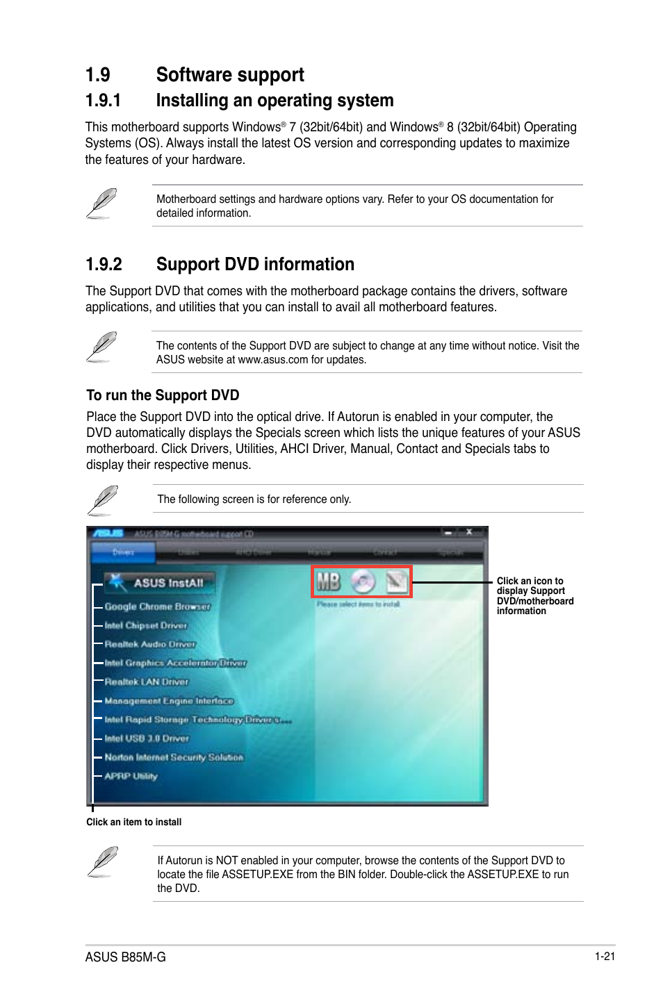9 software support, Software support -21, 1 installing an operating system | 2 support dvd information | Asus B85M-G User Manual | Page 29 / 75