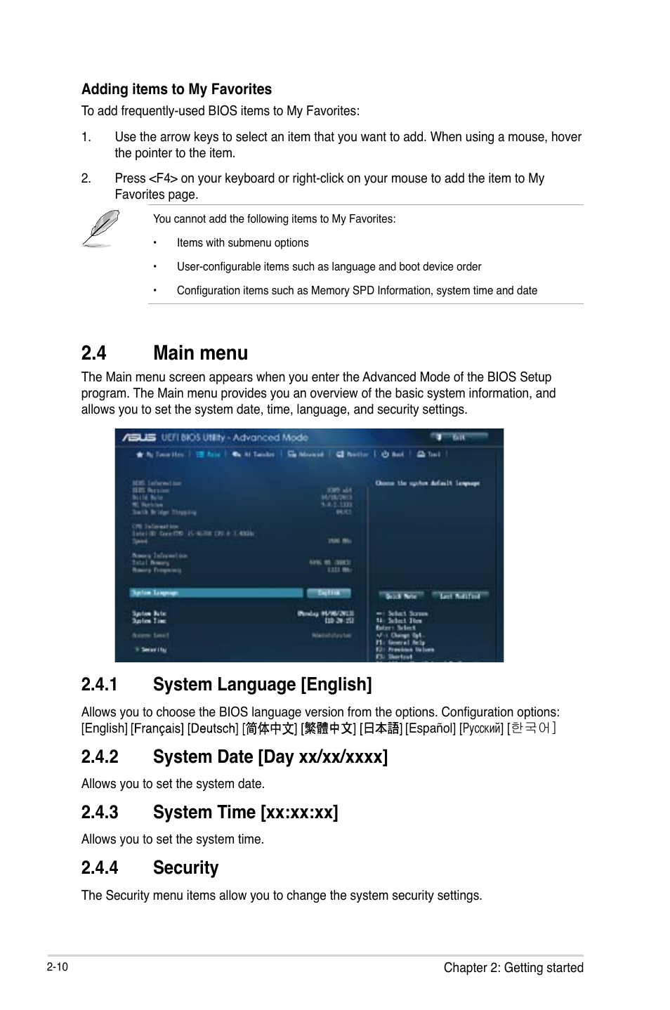 4 main menu, Main menu -10, 1 system language [english | 3 system time [xx:xx:xx, 4 security | Asus B85M-G User Manual | Page 39 / 75