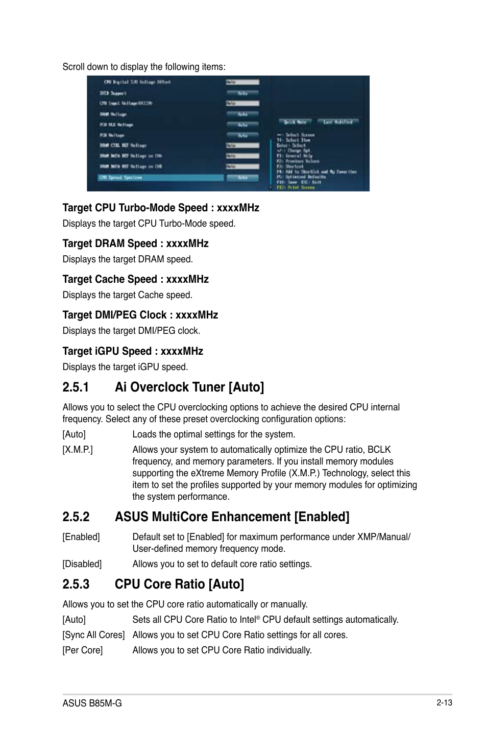 1 ai overclock tuner [auto, 2 asus multicore enhancement [enabled, 3 cpu core ratio [auto | Asus B85M-G User Manual | Page 42 / 75