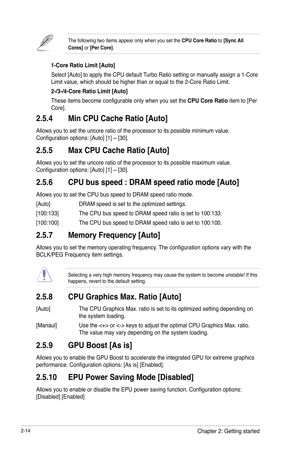 4 min cpu cache ratio [auto, 5 max cpu cache ratio [auto, 6 cpu bus speed : dram speed ratio mode [auto | 8 cpu graphics max. ratio [auto, 9 gpu boost [as is, 10 epu power saving mode [disabled | Asus B85M-G User Manual | Page 43 / 75