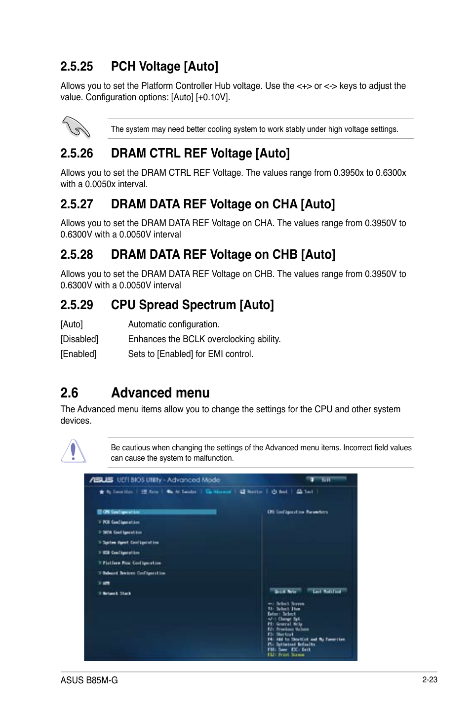 6 advanced menu, Advanced menu -23, 25 pch voltage [auto | 26 dram ctrl ref voltage [auto, 27 dram data ref voltage on cha [auto, 28 dram data ref voltage on chb [auto, 29 cpu spread spectrum [auto | Asus B85M-G User Manual | Page 52 / 75