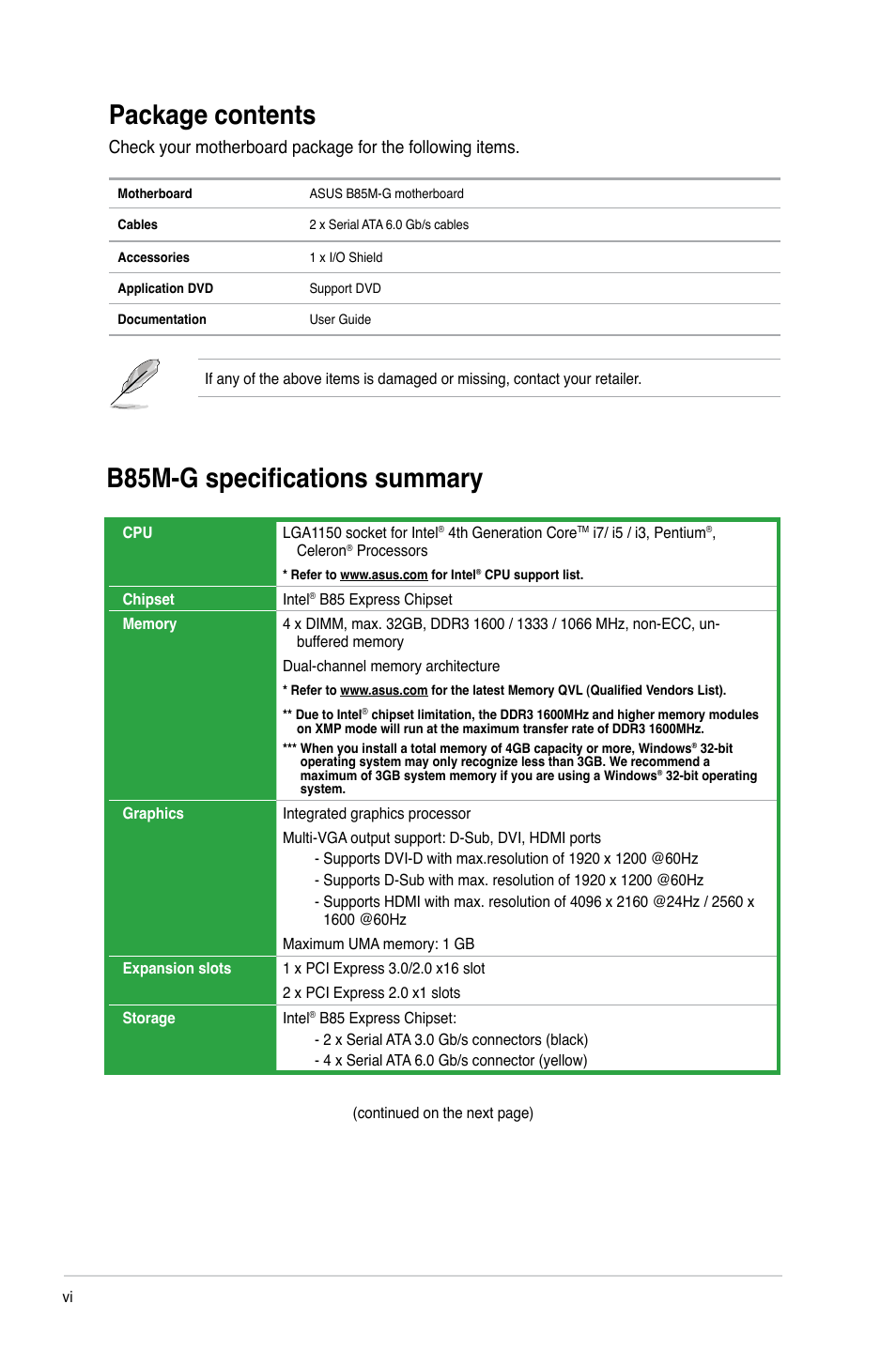 Package contents, B85m-g specifications summary | Asus B85M-G User Manual | Page 6 / 75