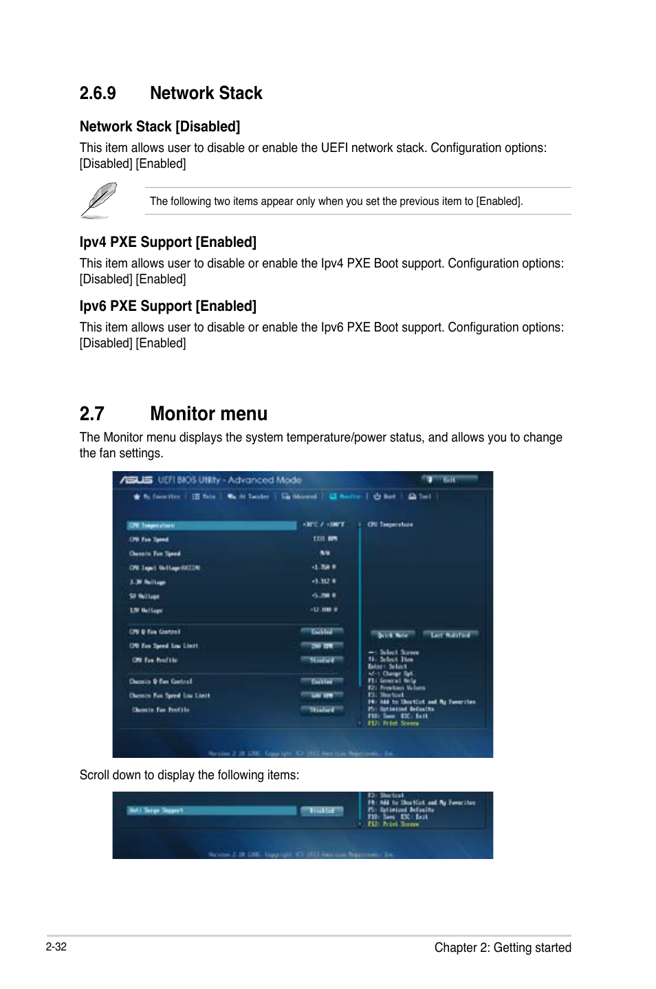 7 monitor menu, Monitor menu -32, 9 network stack | Asus B85M-G User Manual | Page 61 / 75