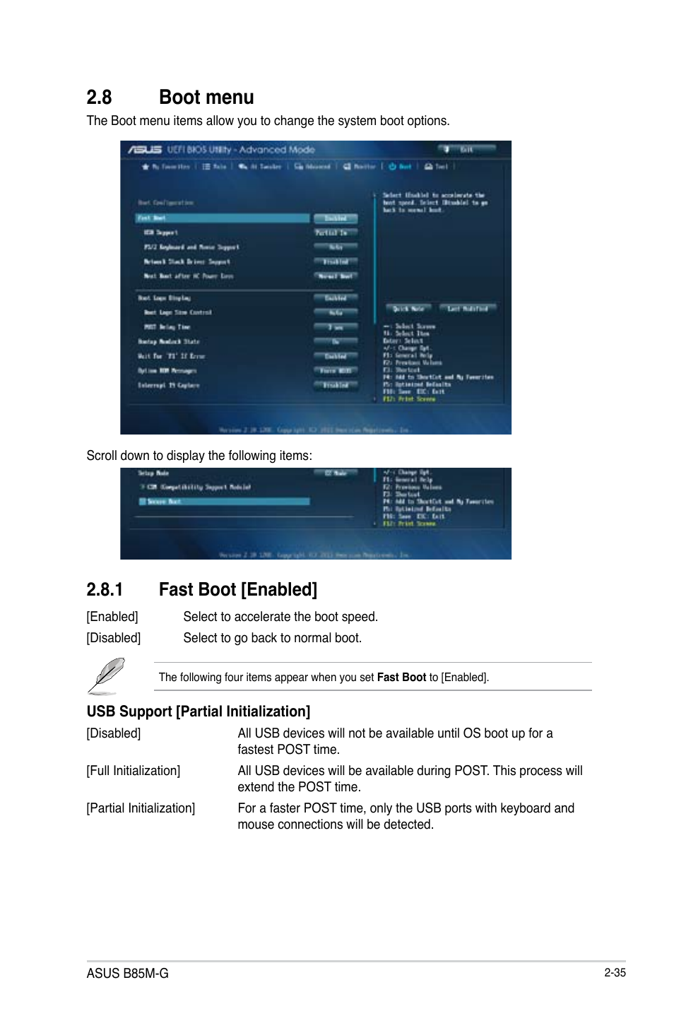 8 boot menu, Boot menu -35, 1 fast boot [enabled | Asus B85M-G User Manual | Page 64 / 75