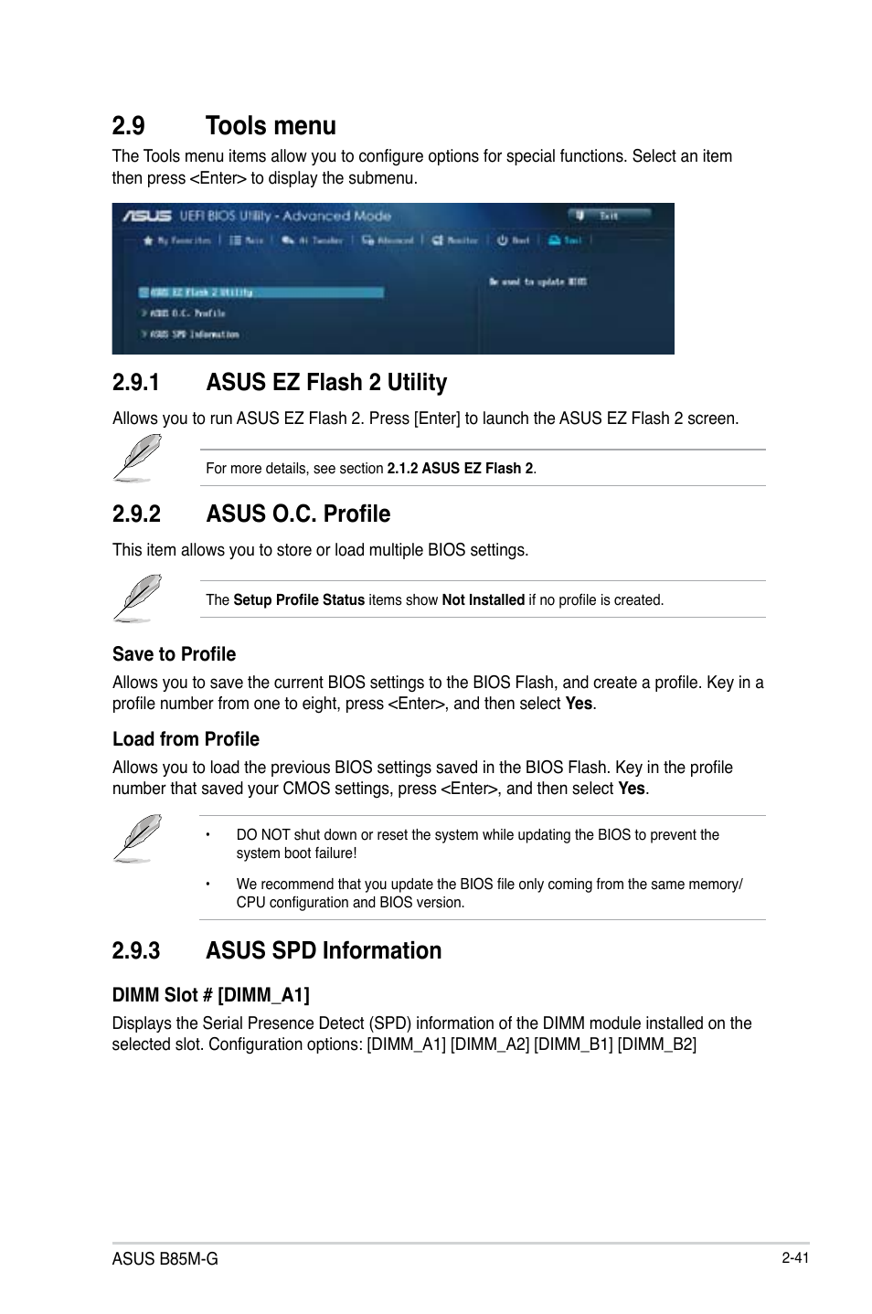 9 tools menu, Tools menu -41, 3 asus spd information | 1 asus ez flash 2 utility, 2 asus o.c. profile | Asus B85M-G User Manual | Page 70 / 75