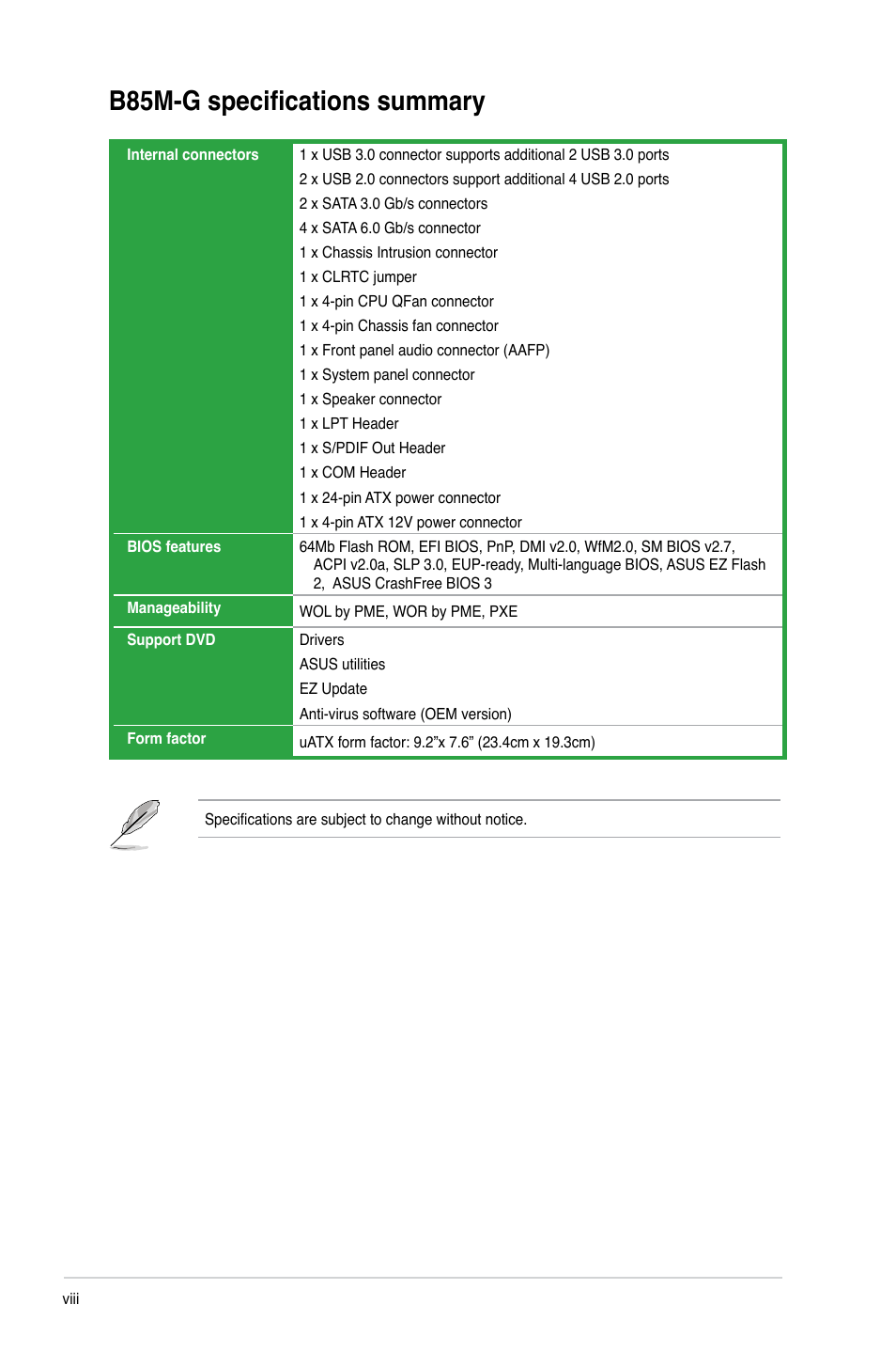 B85m-g specifications summary | Asus B85M-G User Manual | Page 8 / 75