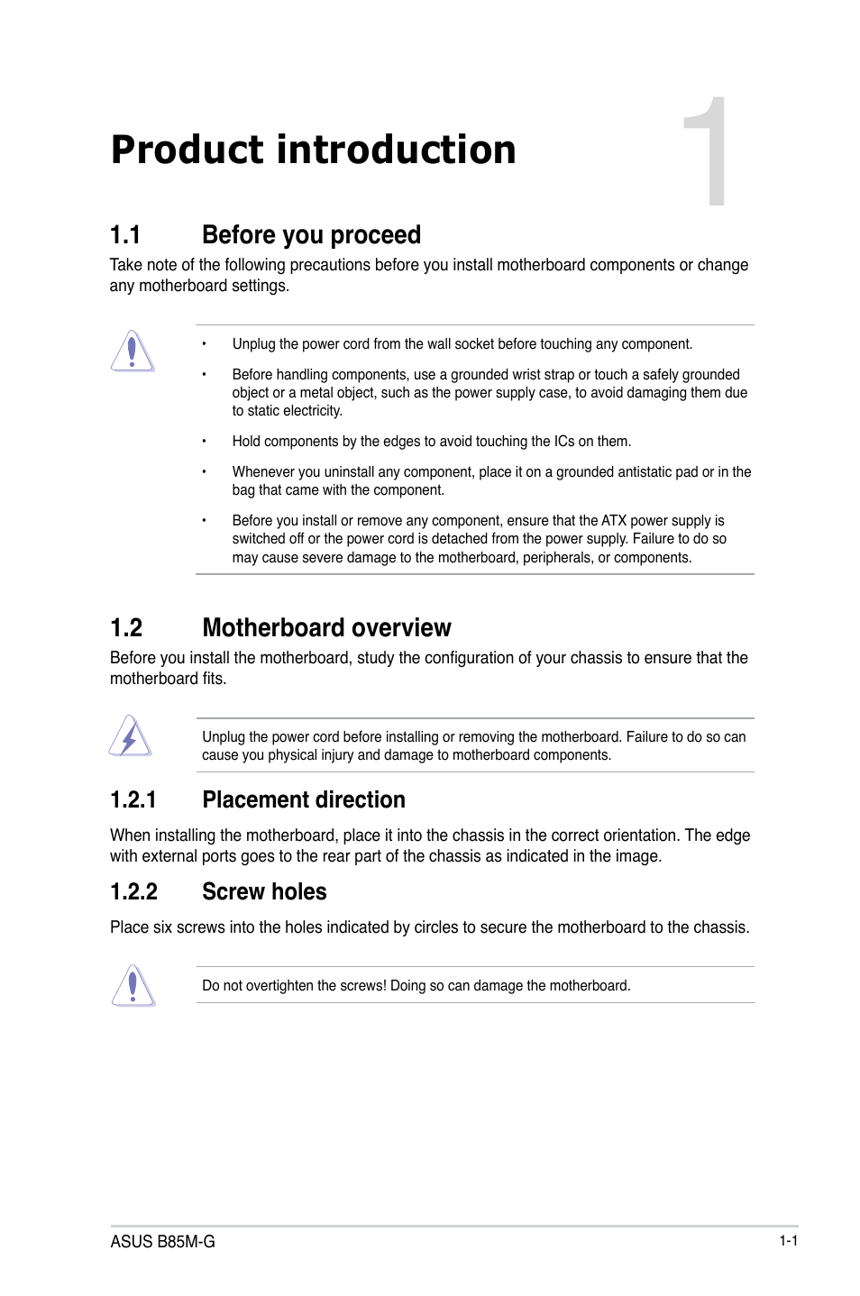 Product introduction, 1 before you proceed, 2 motherboard overview | Before you proceed -1, Motherboard overview -1 | Asus B85M-G User Manual | Page 9 / 75