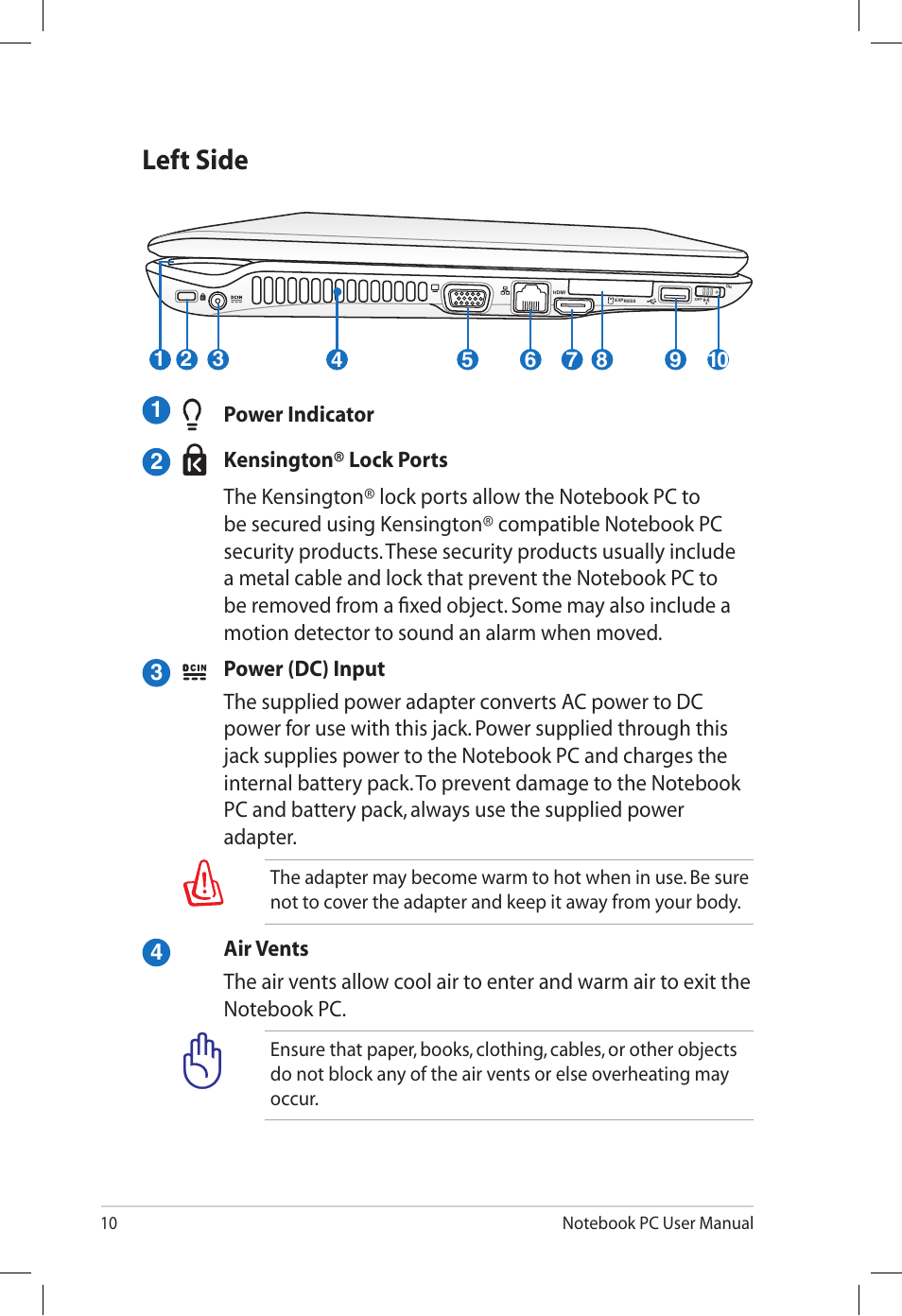 Left side | Asus X64Jv User Manual | Page 10 / 26