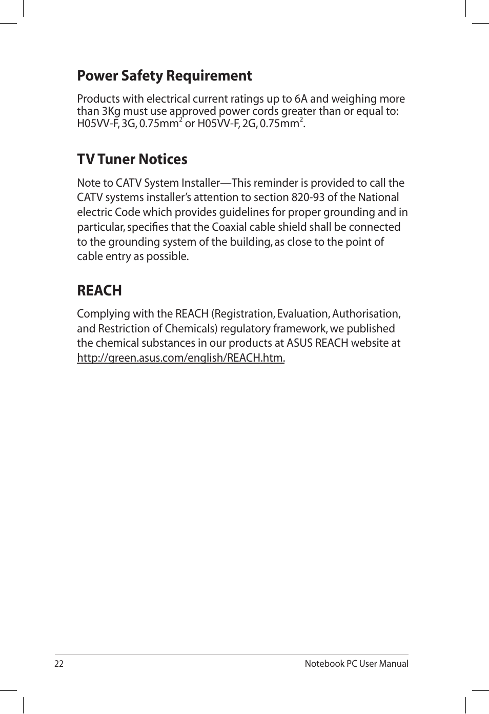 Power safety requirement, Tv tuner notices, Reach | Power safety requirement tv tuner notices reach | Asus X64Jv User Manual | Page 22 / 26
