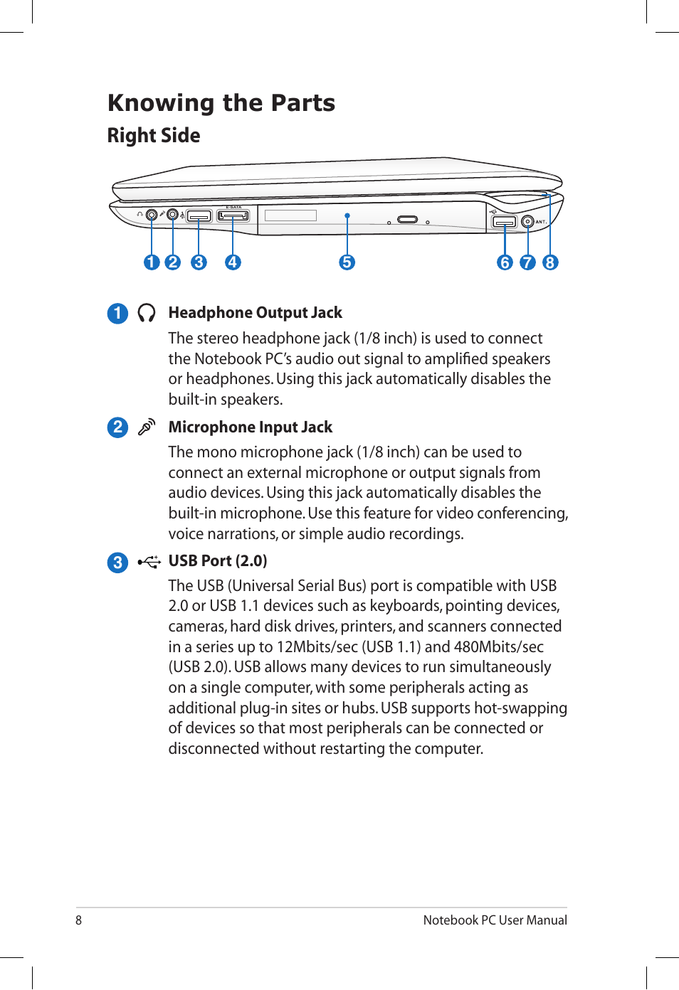 Knowing the parts, Right side | Asus X64Jv User Manual | Page 8 / 26