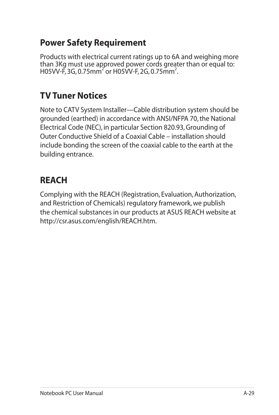 Power safety requirement, Reach, Tv tuner notices | Asus G73Sw User Manual | Page 109 / 120