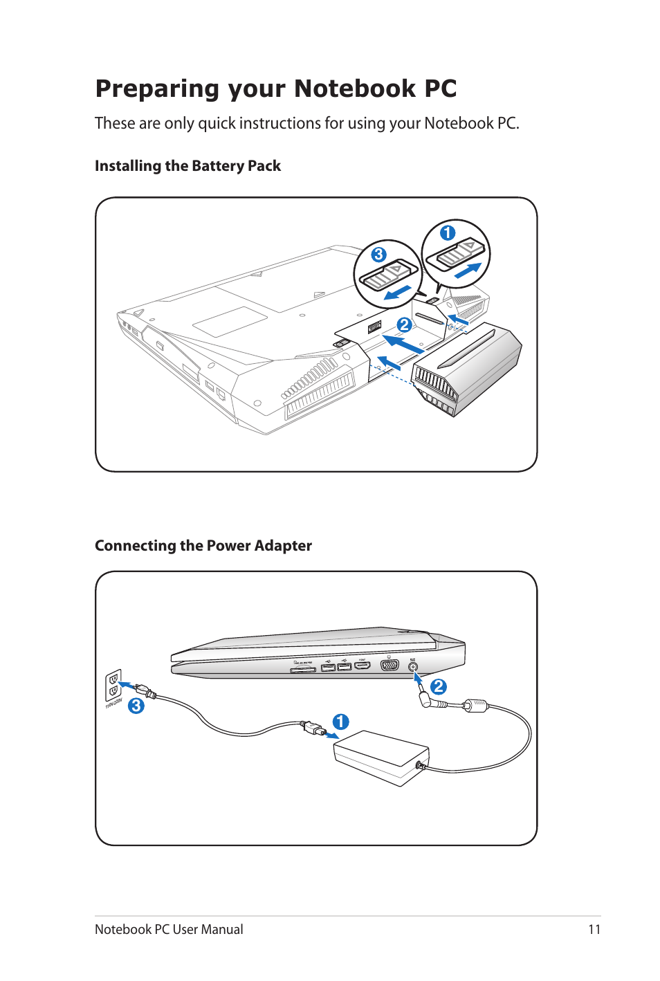 Preparing your notebook pc | Asus G73Sw User Manual | Page 11 / 120