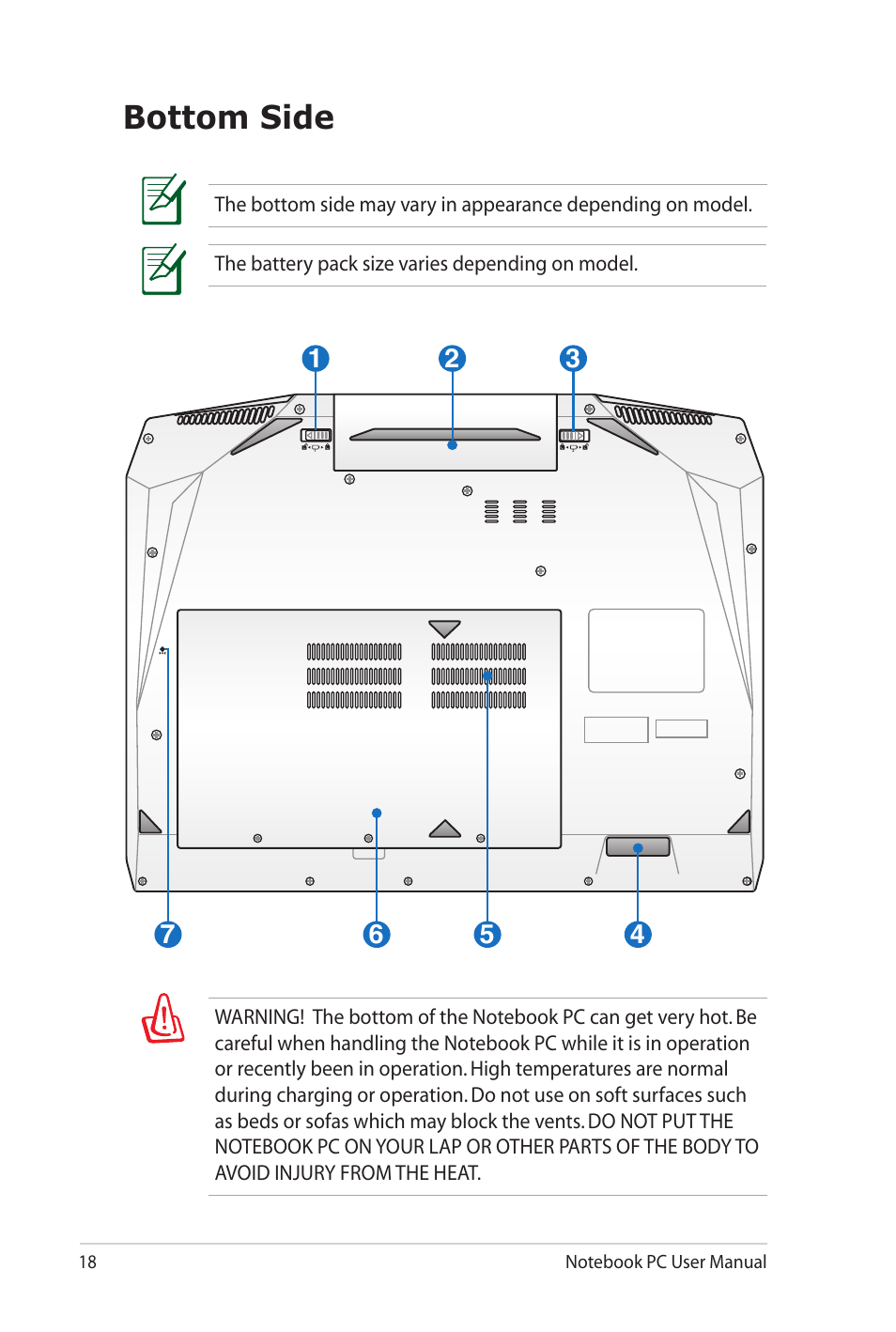 Bottom side | Asus G73Sw User Manual | Page 18 / 120