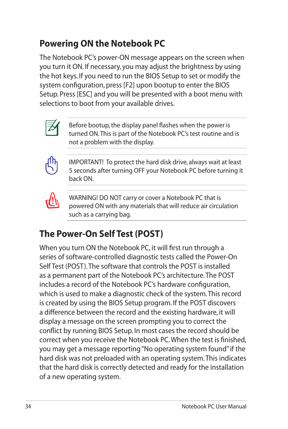 Powering on the notebook pc, The power-on self test (post) | Asus G73Sw User Manual | Page 34 / 120