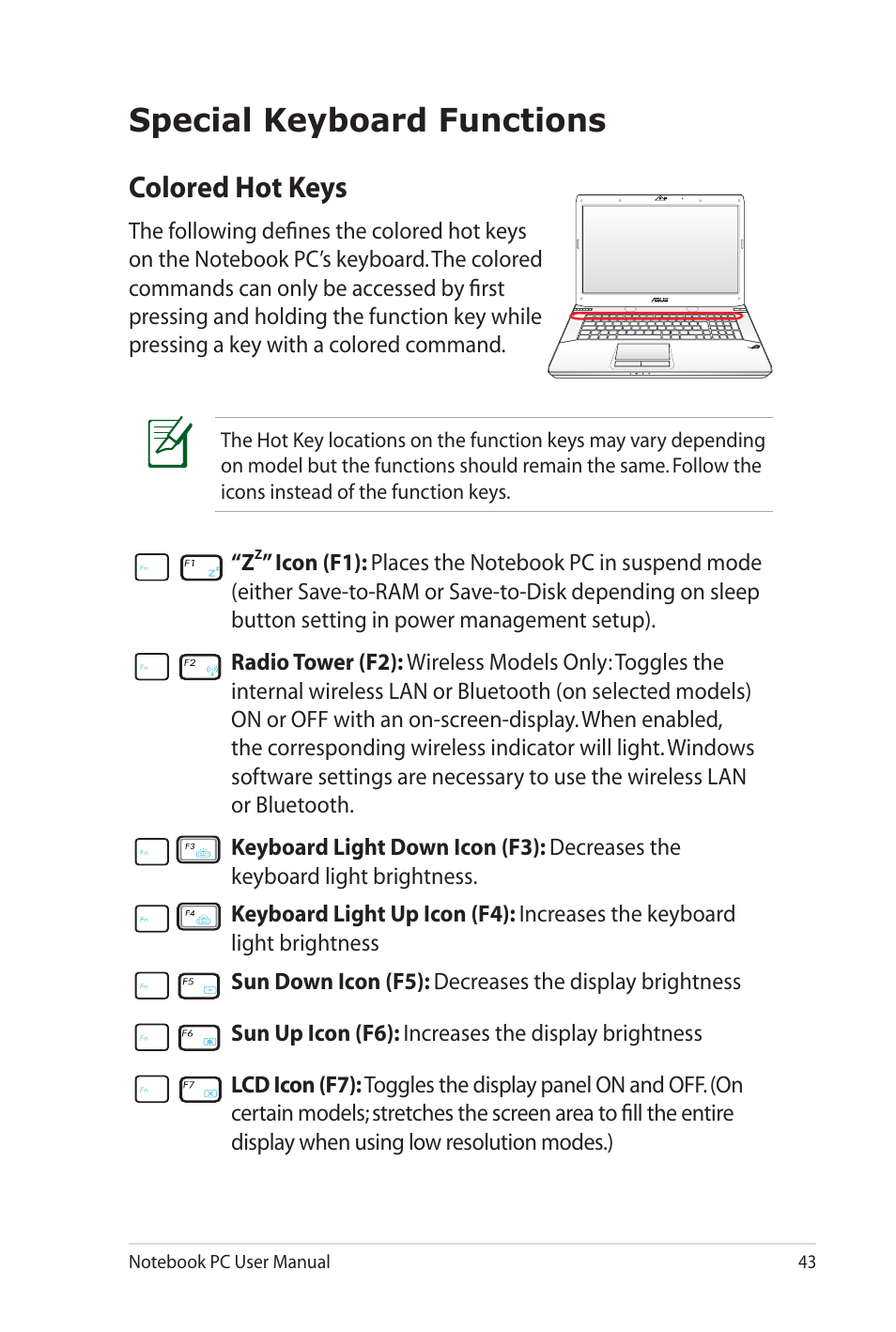 Special keyboard functions, Colored hot keys | Asus G73Sw User Manual | Page 43 / 120
