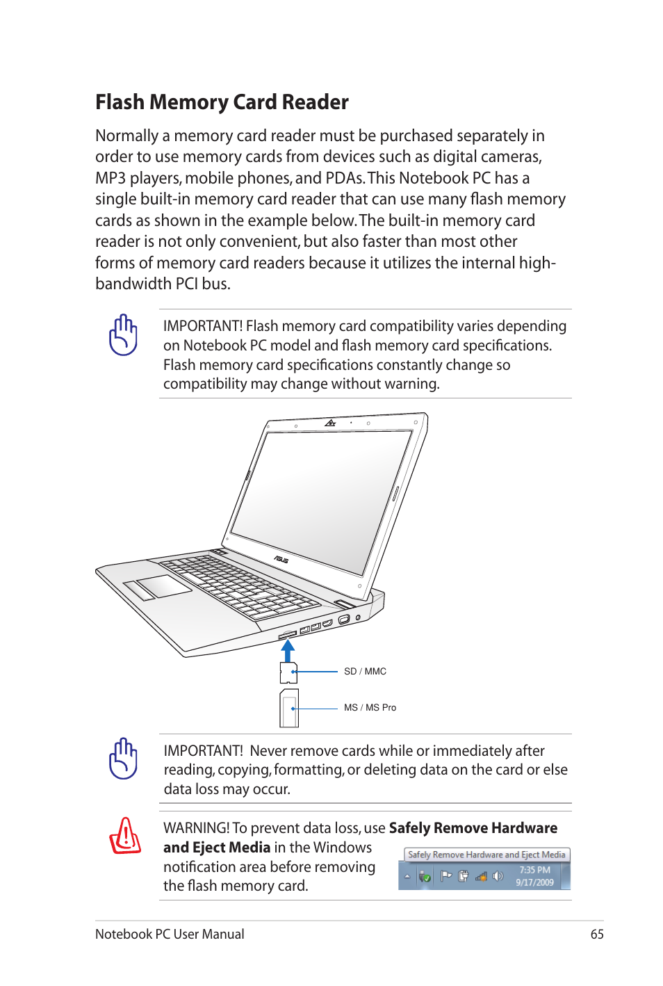 Flash memory card reader | Asus G73Sw User Manual | Page 65 / 120