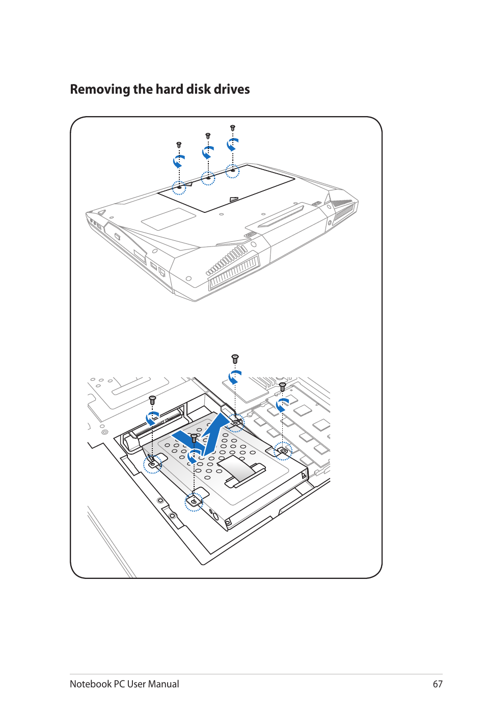 Removing the hard disk drives | Asus G73Sw User Manual | Page 67 / 120