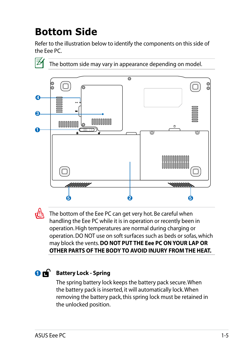 Bottom side, Bottom side -5 | Asus Eee PC 1002H User Manual | Page 13 / 60