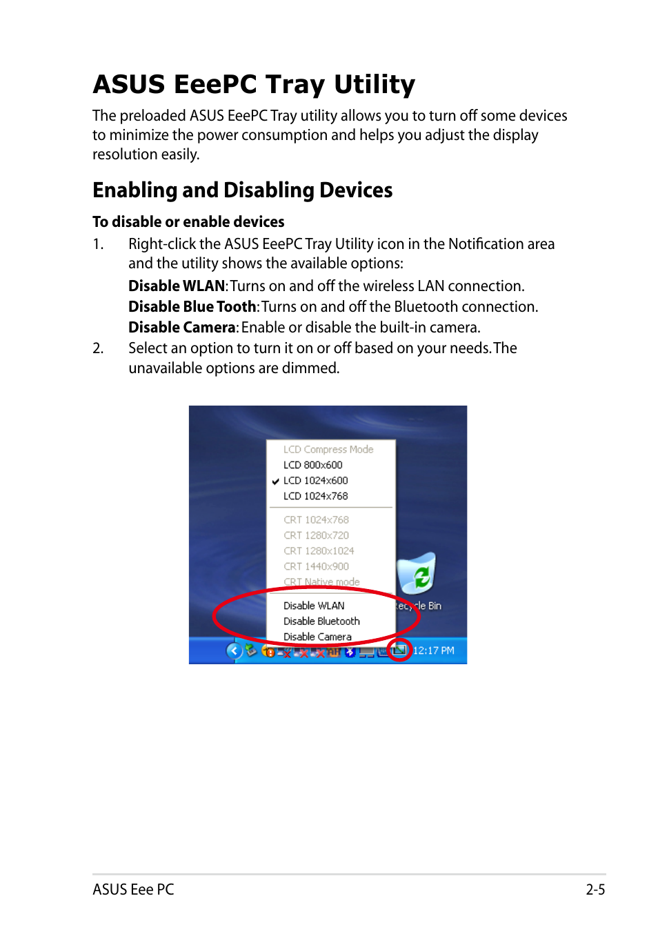 Asus eeepc tray utility, Enabling and disabling devices, Asus eeepc tray utility -5 | Enabling and disabling devices -5 | Asus Eee PC 1002H User Manual | Page 25 / 60