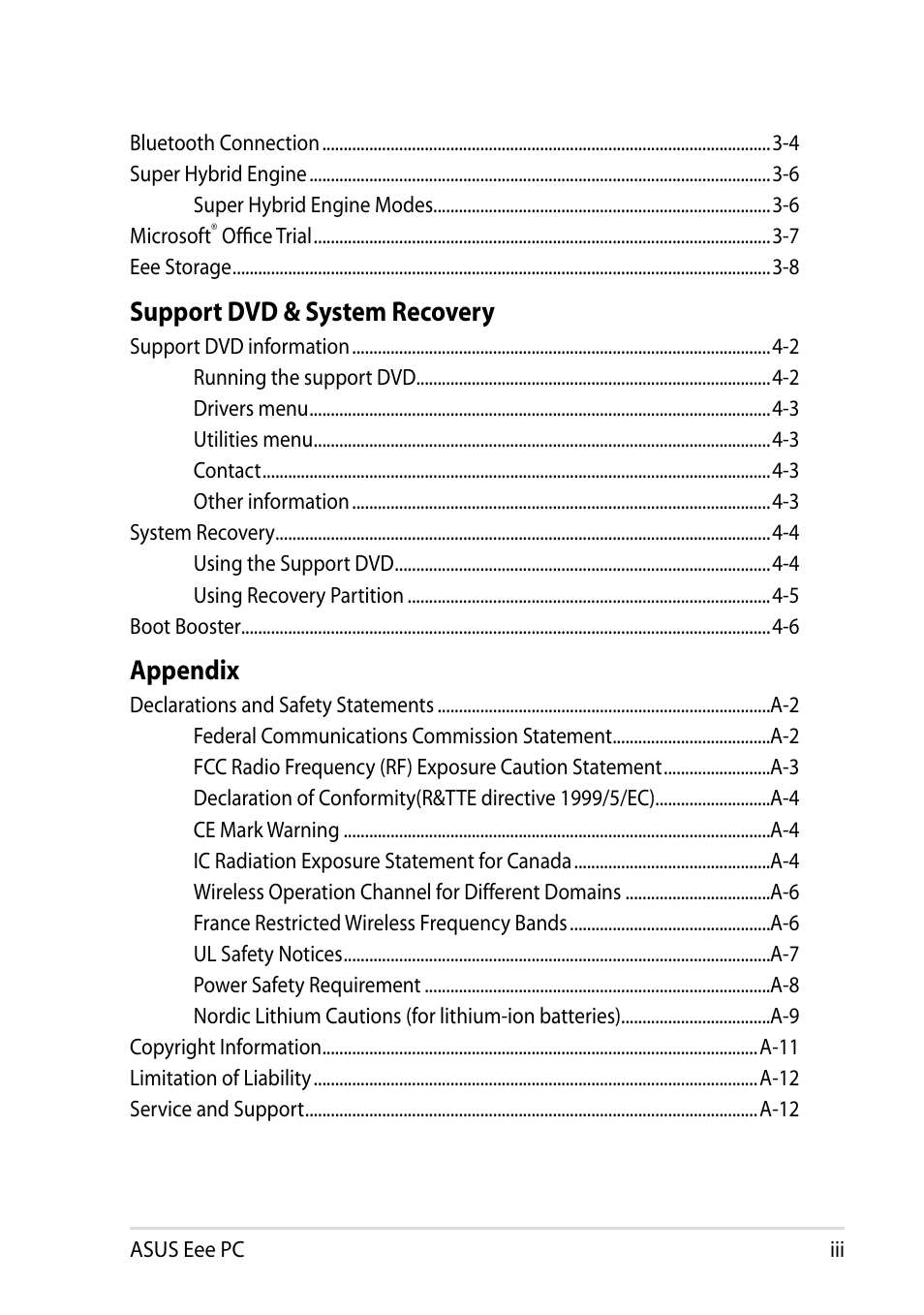 Support dvd & system recovery, Appendix | Asus Eee PC 1002H User Manual | Page 3 / 60