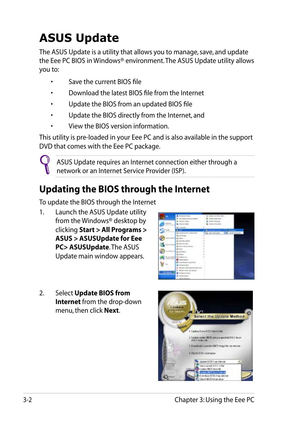 Asus update, Updating the bios through the internet, Asus update -2 | Updating the bios through the internet -2 | Asus Eee PC 1002H User Manual | Page 34 / 60