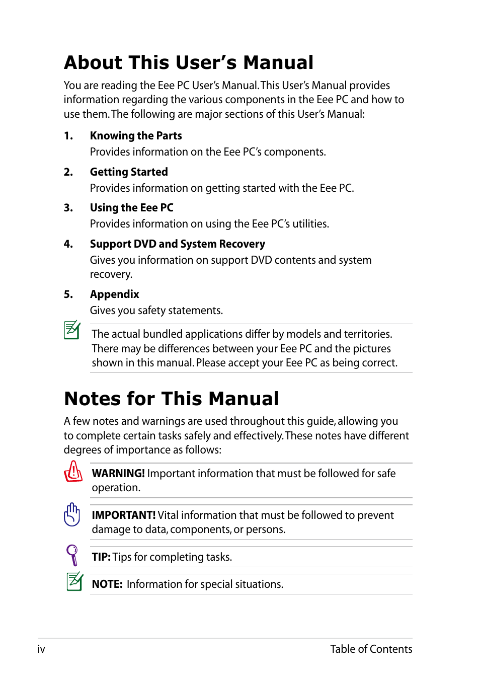 About this user’s manual, Notes for this manual | Asus Eee PC 1002H User Manual | Page 4 / 60