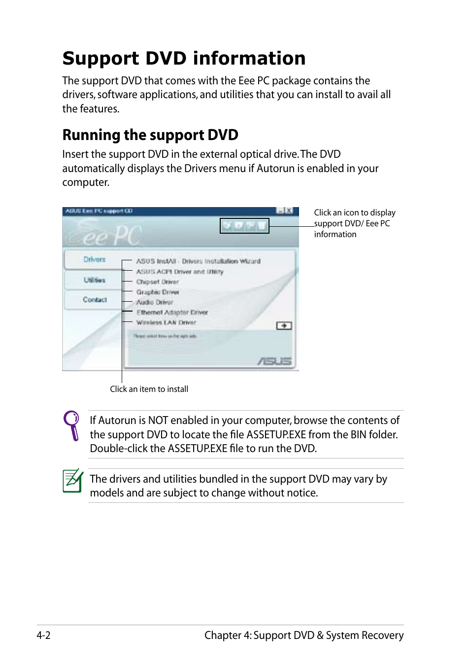 Support dvd information, Running the support dvd, Support dvd information -2 | Running the support dvd -2 | Asus Eee PC 1002H User Manual | Page 44 / 60