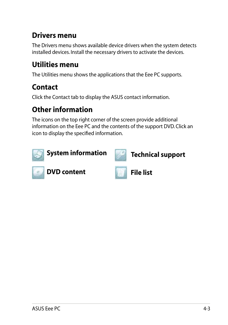 Drivers menu, Utilities menu, Contact | Other information | Asus Eee PC 1002H User Manual | Page 45 / 60