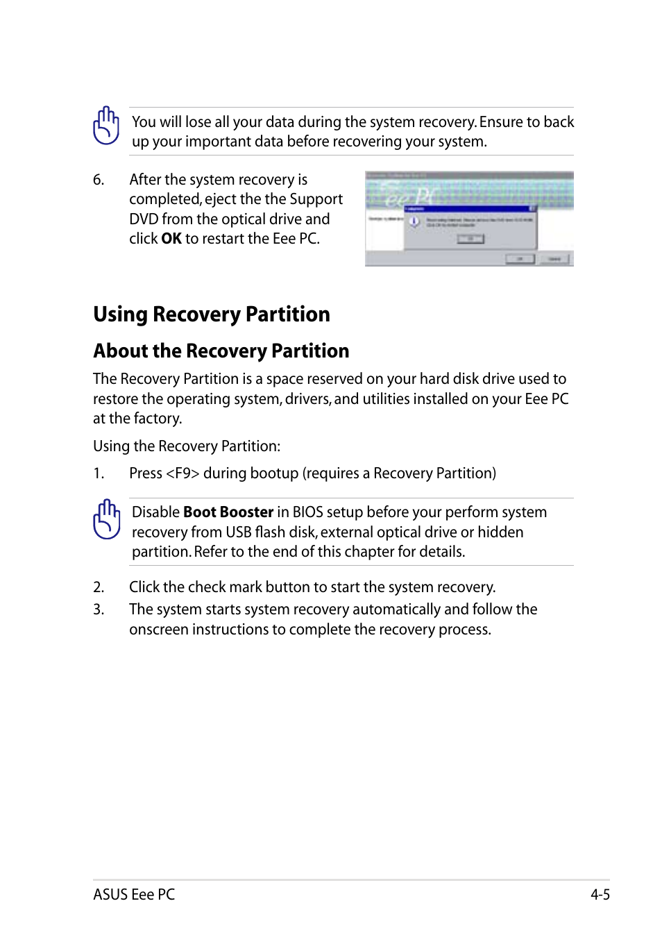 Using recovery partition, Using recovery partition -5, About the recovery partition | Asus Eee PC 1002H User Manual | Page 47 / 60