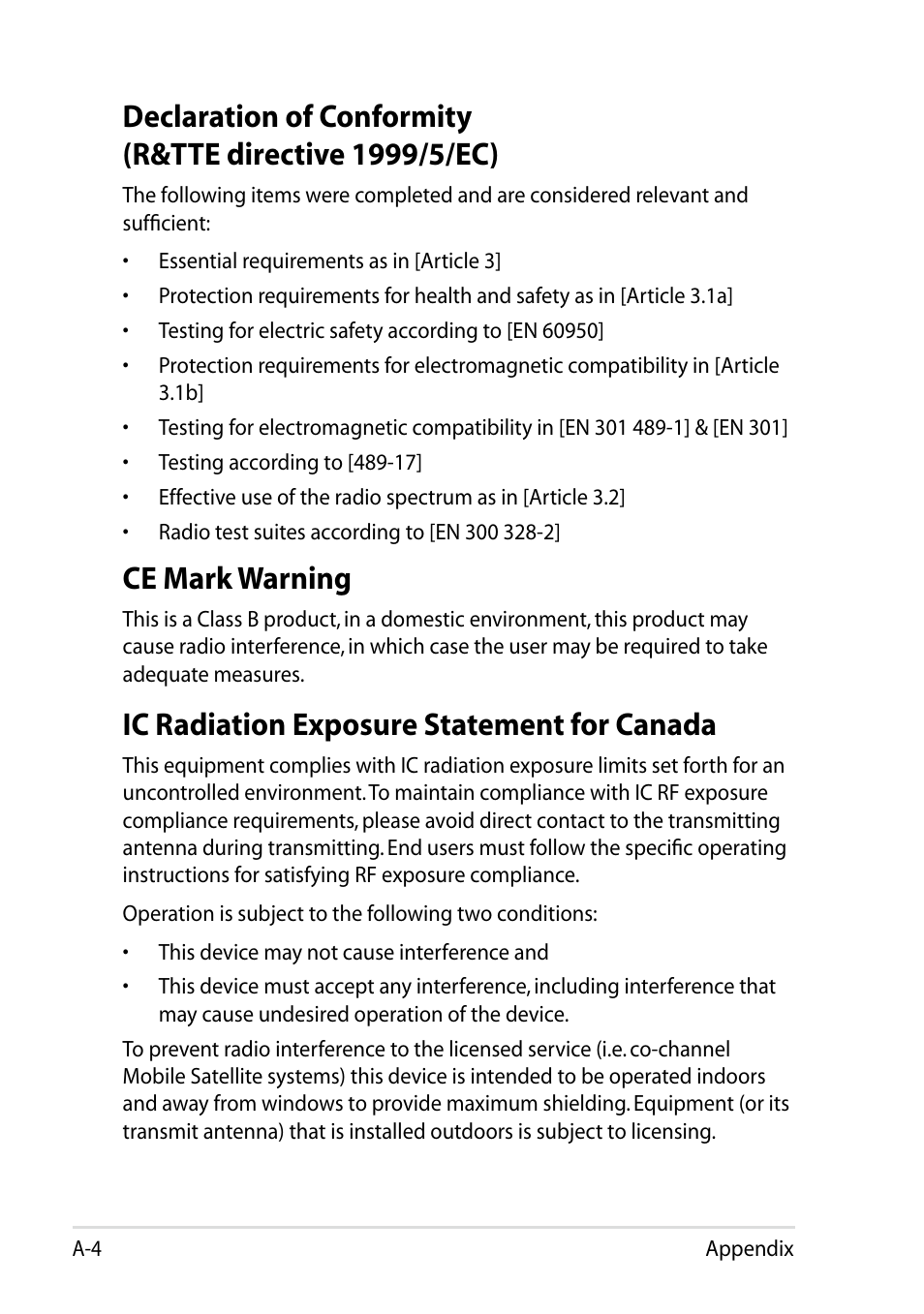 Ce mark warning, Ic radiation exposure statement for canada | Asus Eee PC 1002H User Manual | Page 52 / 60